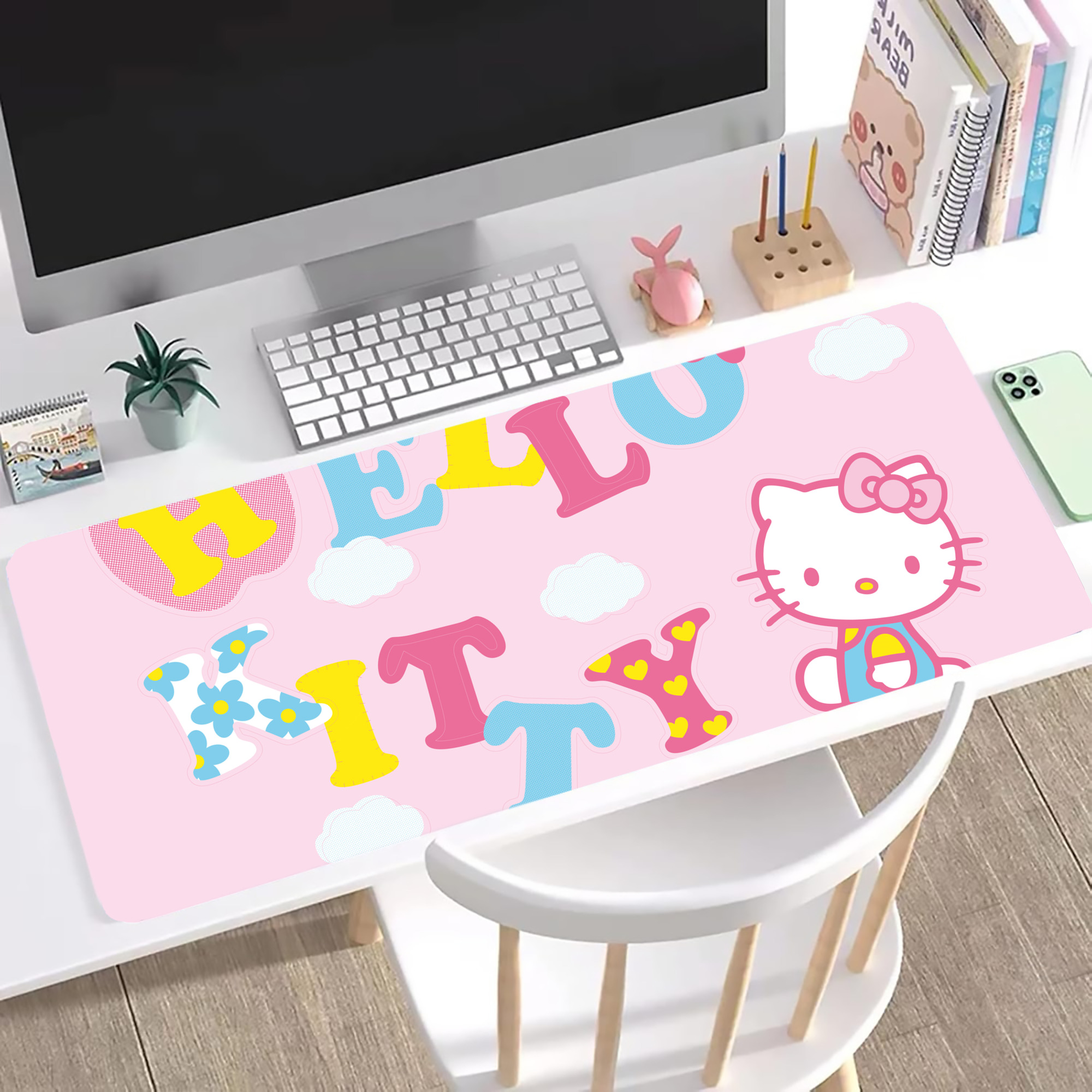 （画像用） Hello Kitty ハローキティ ステッチ加工 大判デスクマット／滑り止めマウスパッド