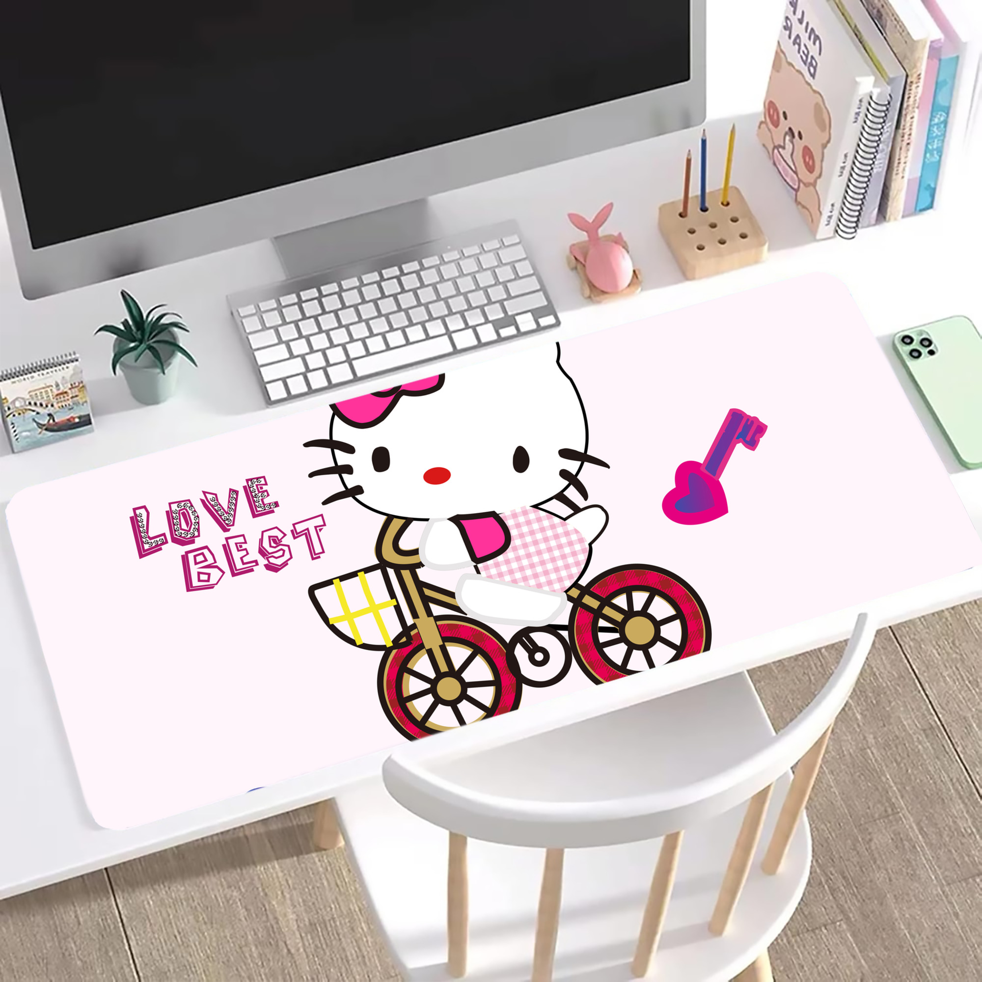 （画像用） Hello Kitty ハローキティ ステッチ加工 大判デスクマット／滑り止めマウスパッド