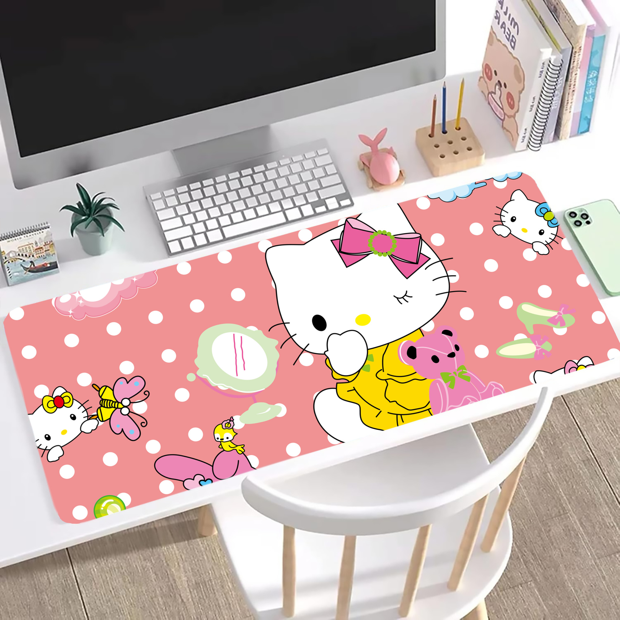 （画像用） Hello Kitty ハローキティ ステッチ加工 大判デスクマット／滑り止めマウスパッド