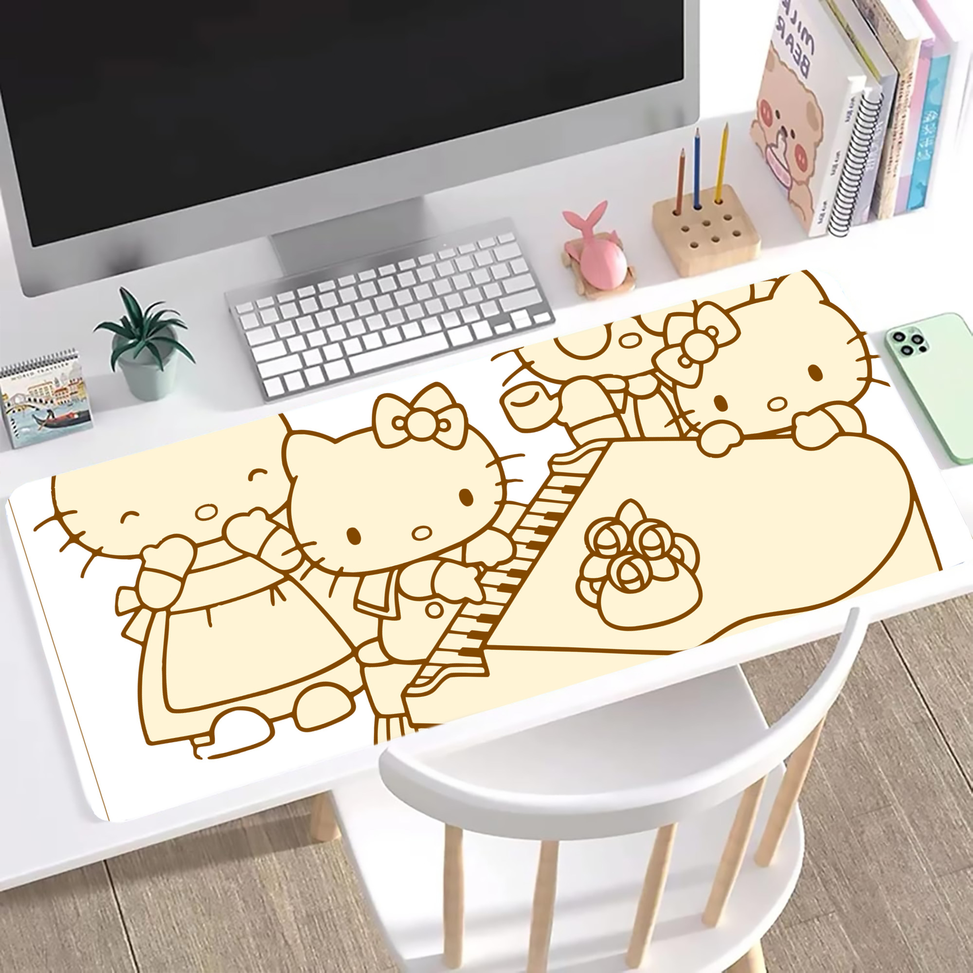 （画像用） Hello Kitty ハローキティ ステッチ加工 大判デスクマット／滑り止めマウスパッド