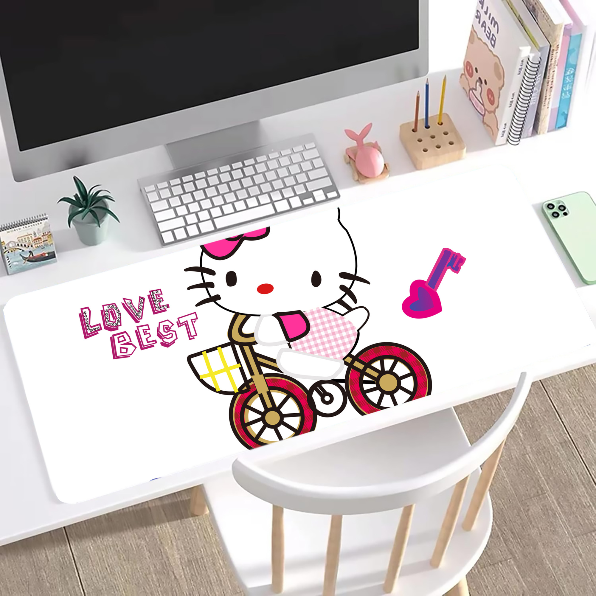 （画像用） Hello Kitty ハローキティ ステッチ加工 大判デスクマット／滑り止めマウスパッド