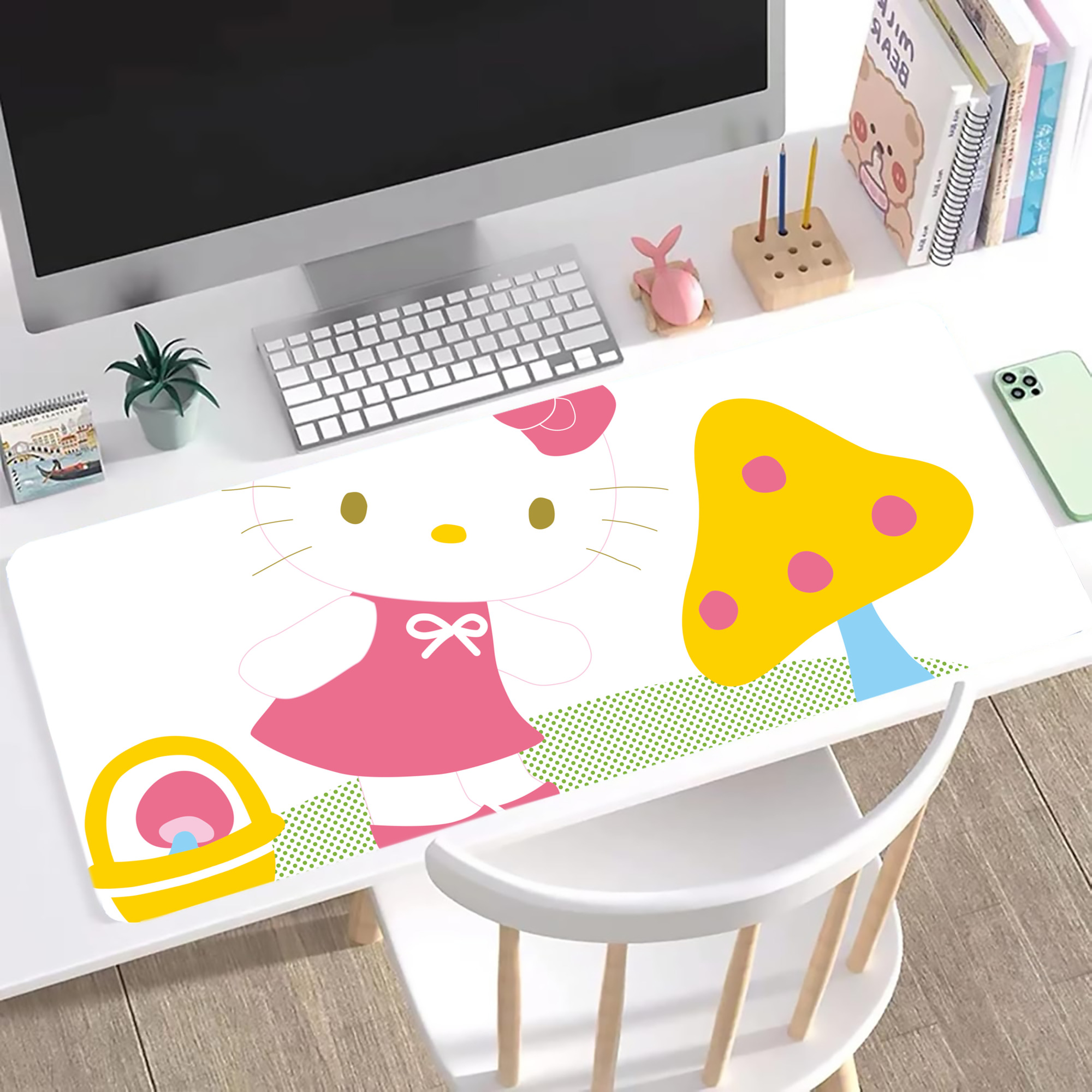 （画像用） Hello Kitty ハローキティ ステッチ加工 大判デスクマット／滑り止めマウスパッド