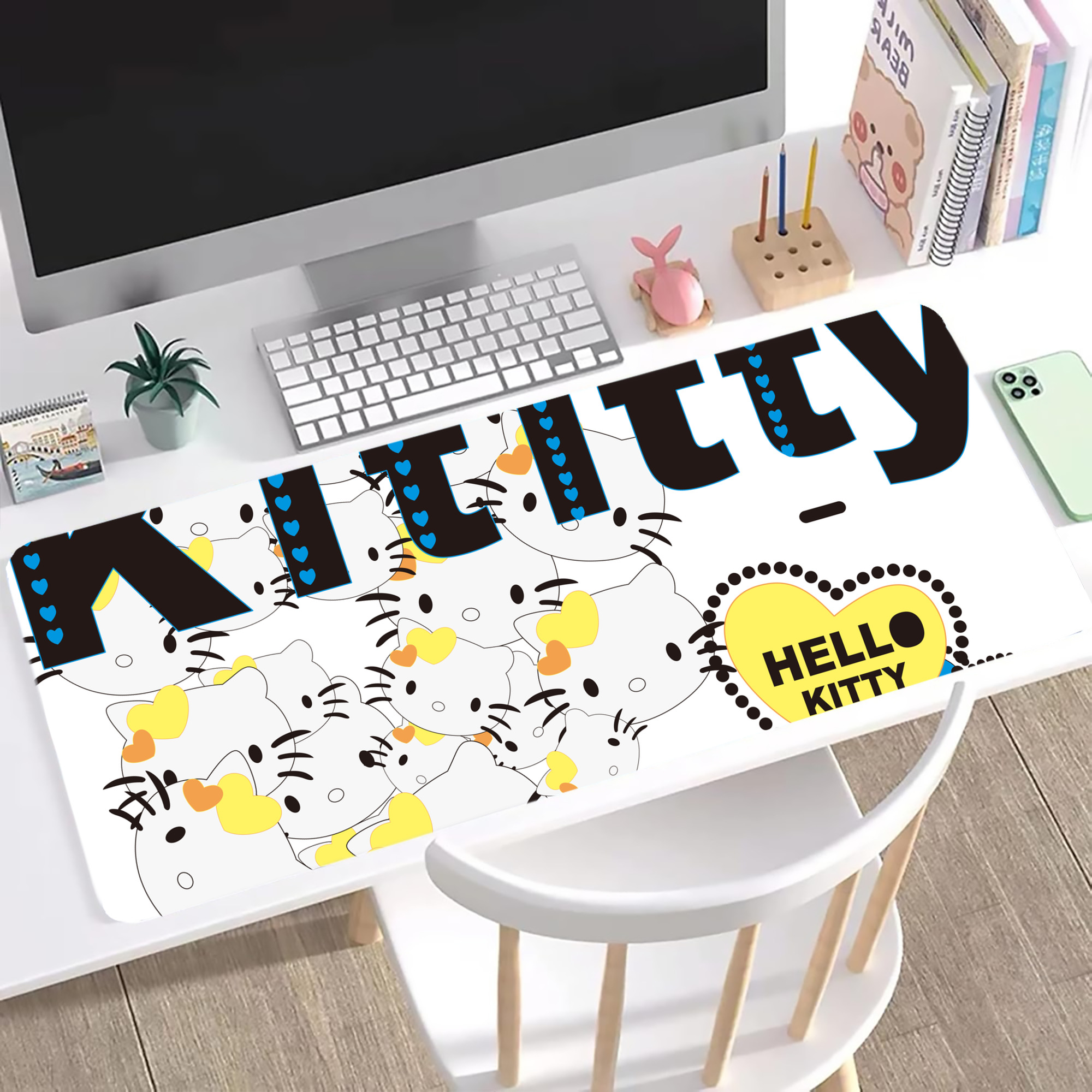 （画像用） Hello Kitty ハローキティ ステッチ加工 大判デスクマット／滑り止めマウスパッド