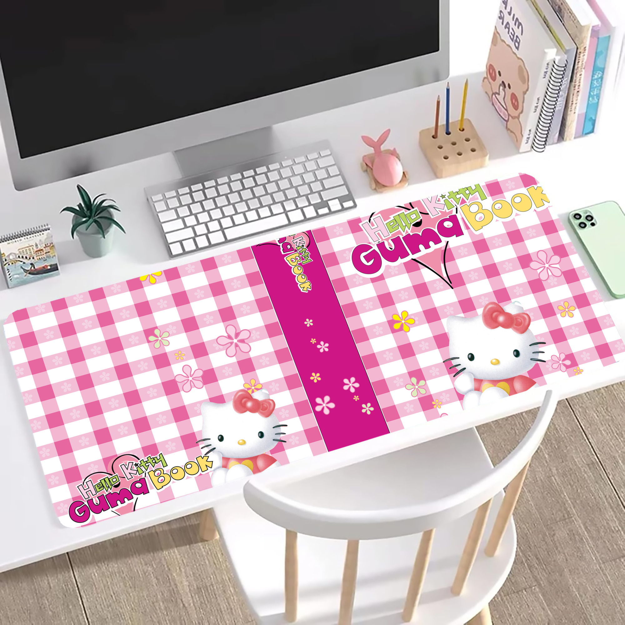（画像用） Hello Kitty ハローキティ ステッチ加工 大判デスクマット／滑り止めマウスパッド