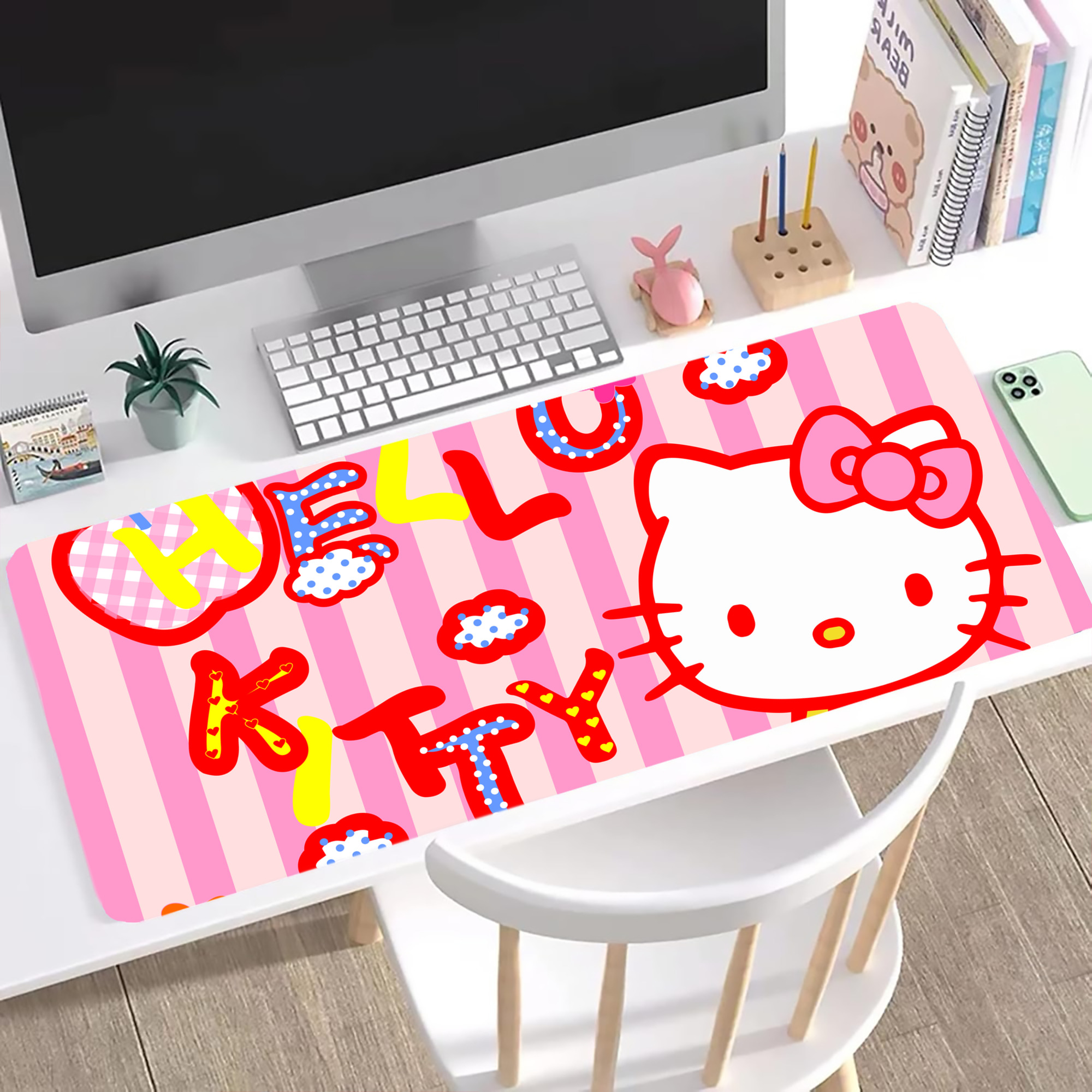 （画像用） Hello Kitty ハローキティ ステッチ加工 大判デスクマット／滑り止めマウスパッド
