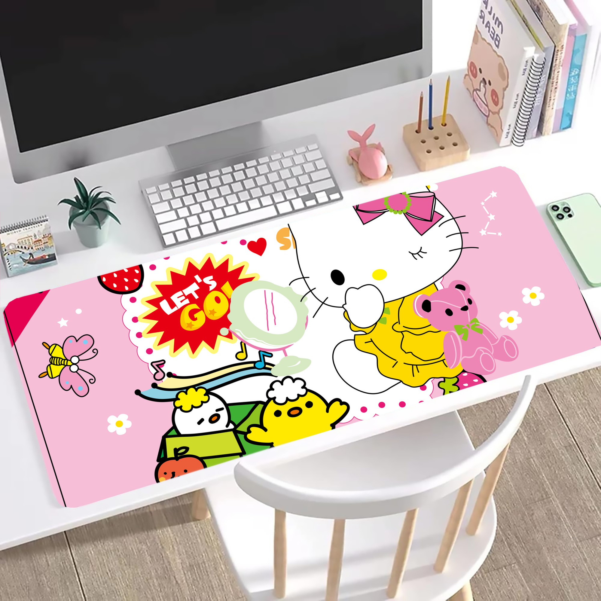 （画像用） Hello Kitty ハローキティ ステッチ加工 大判デスクマット／滑り止めマウスパッド