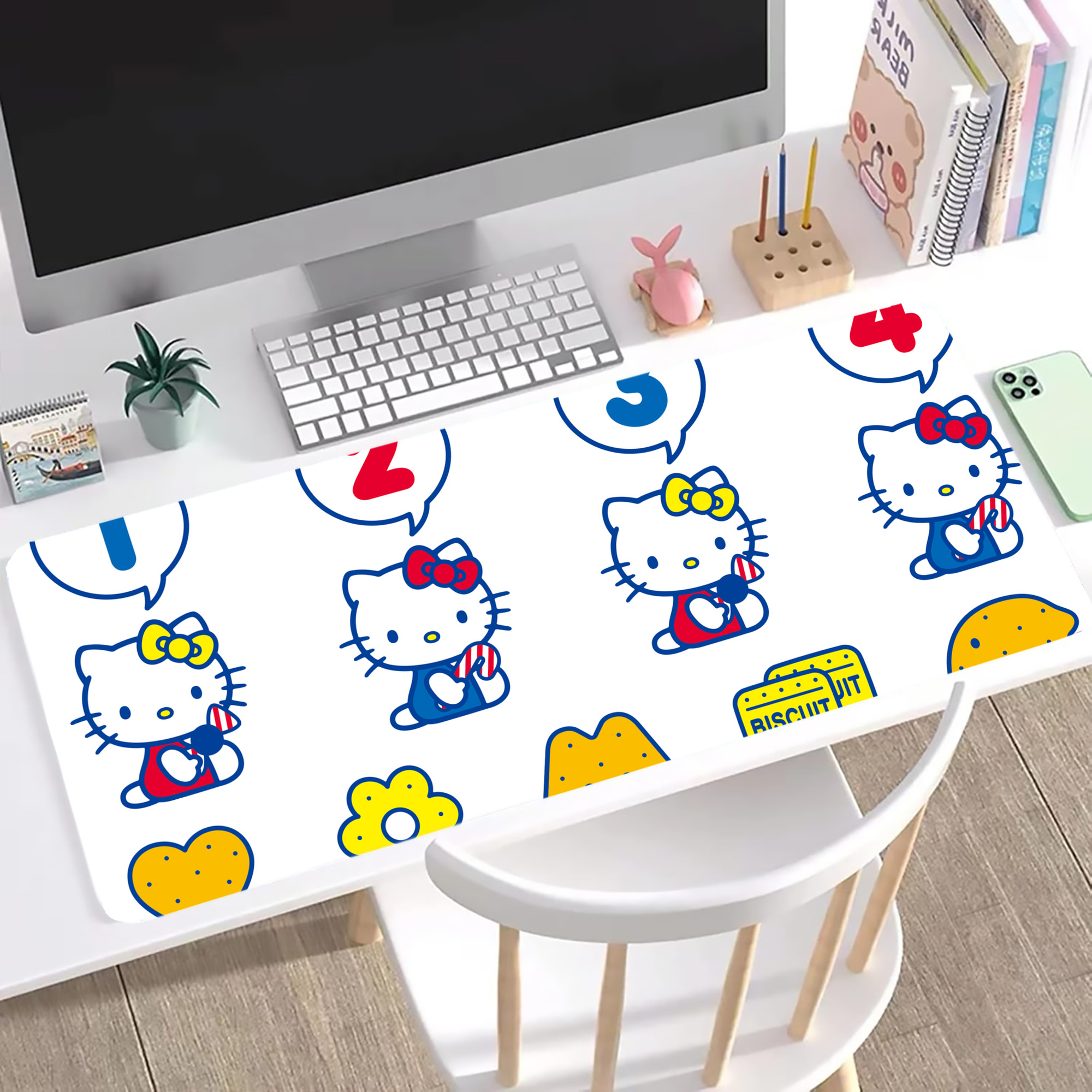 （画像用） Hello Kitty ハローキティ ステッチ加工 大判デスクマット／滑り止めマウスパッド