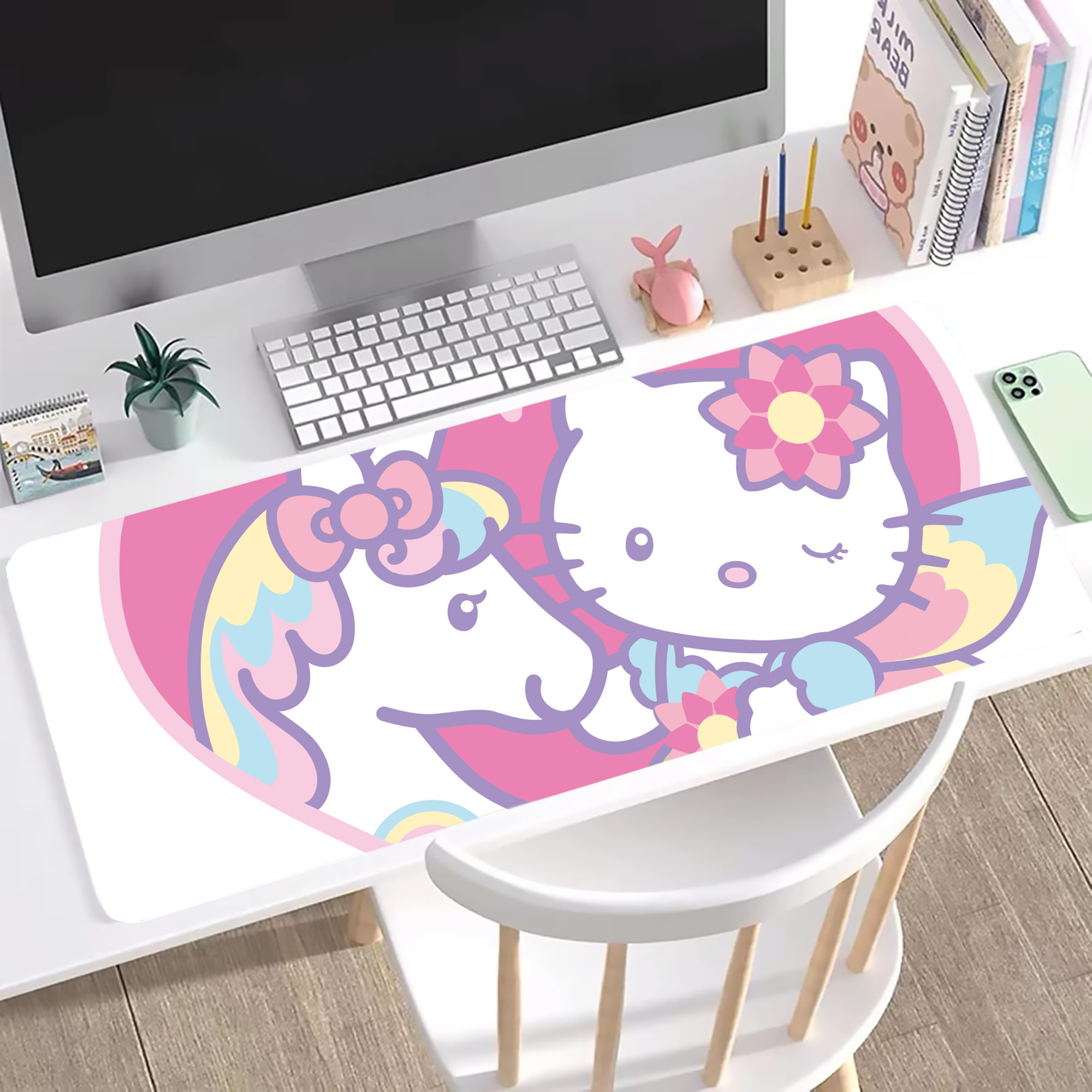 （画像用） Hello Kitty ハローキティ ステッチ加工 大判デスクマット／滑り止めマウスパッド