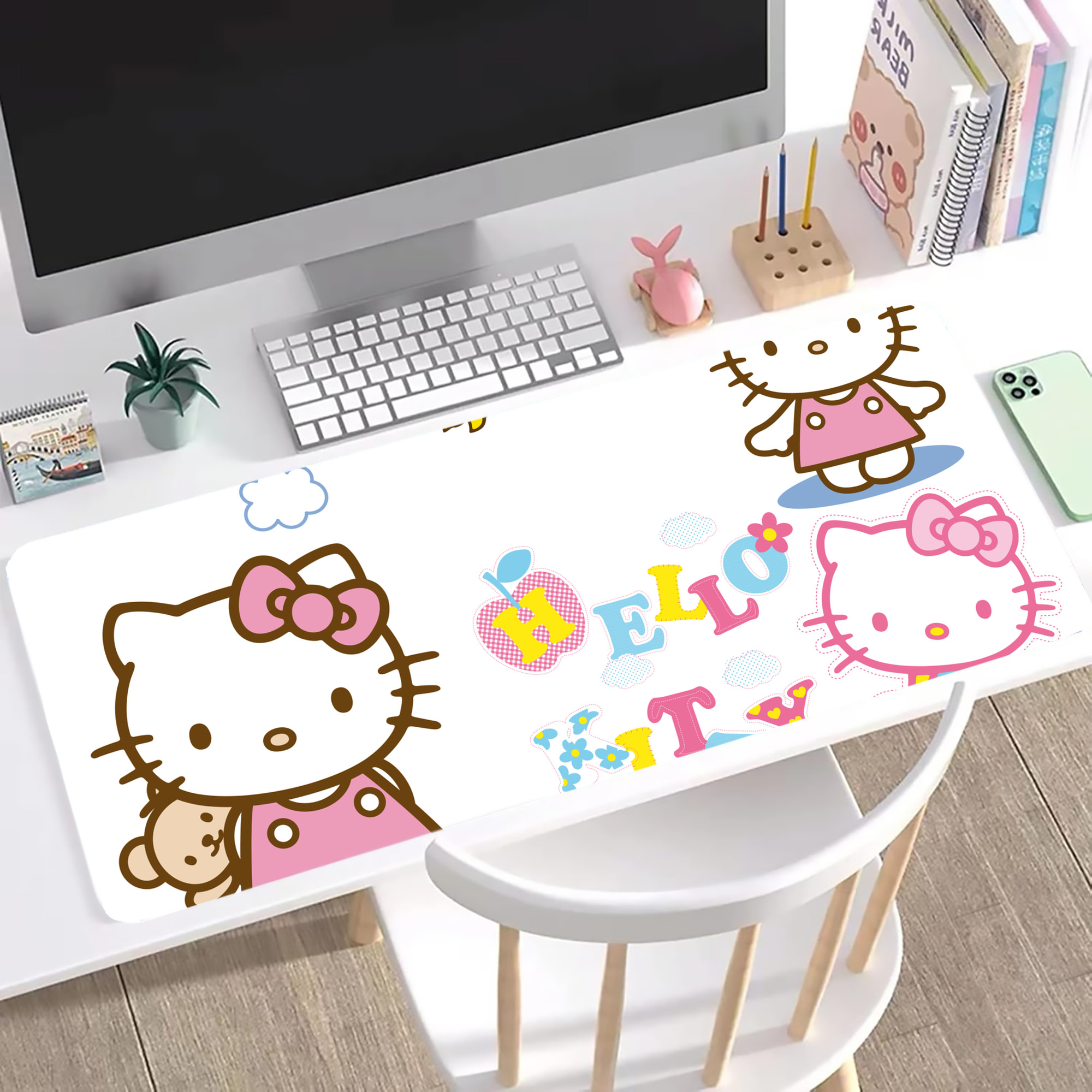 （画像用） Hello Kitty ハローキティ ステッチ加工 大判デスクマット／滑り止めマウスパッド