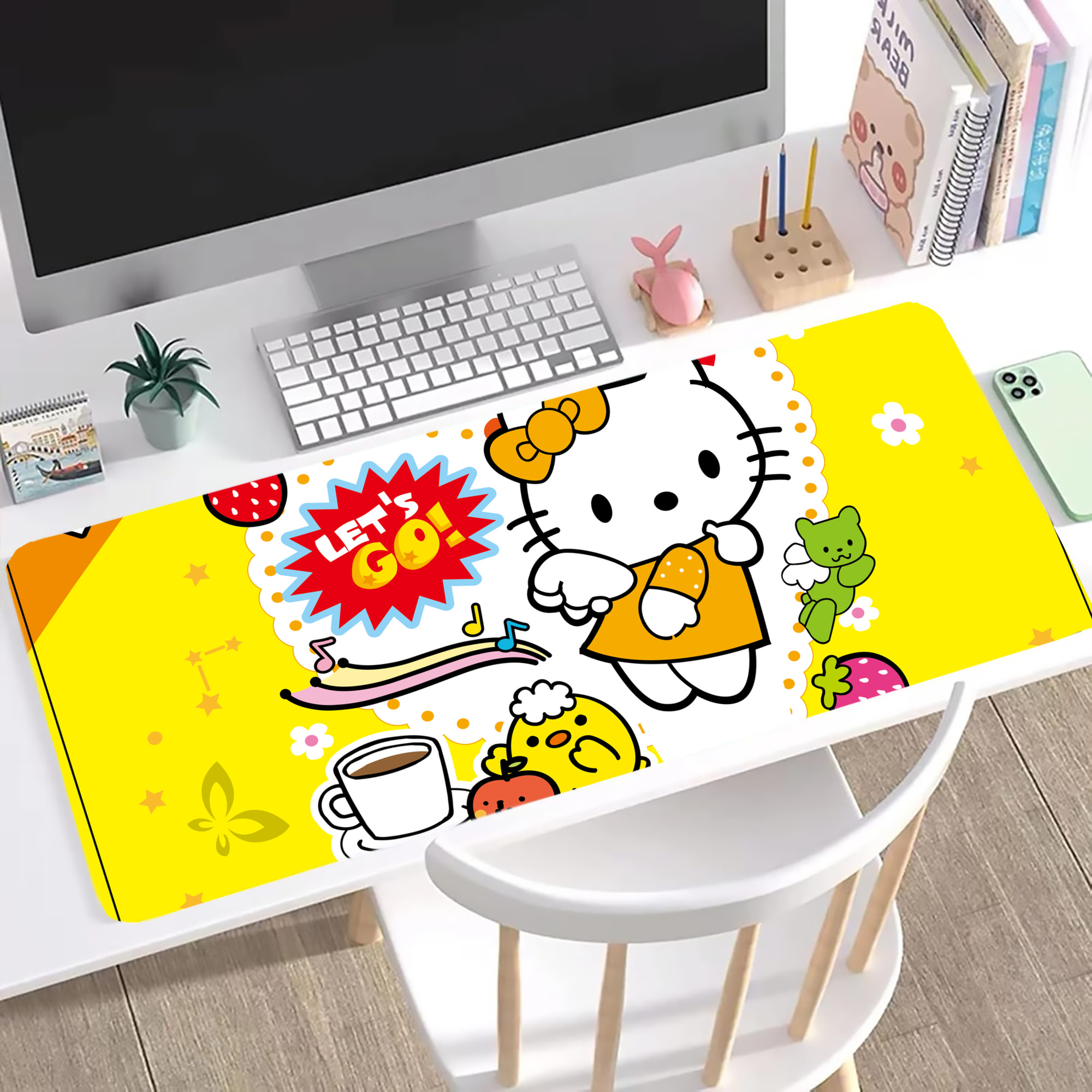 （画像用） Hello Kitty ハローキティ ステッチ加工 大判デスクマット／滑り止めマウスパッド