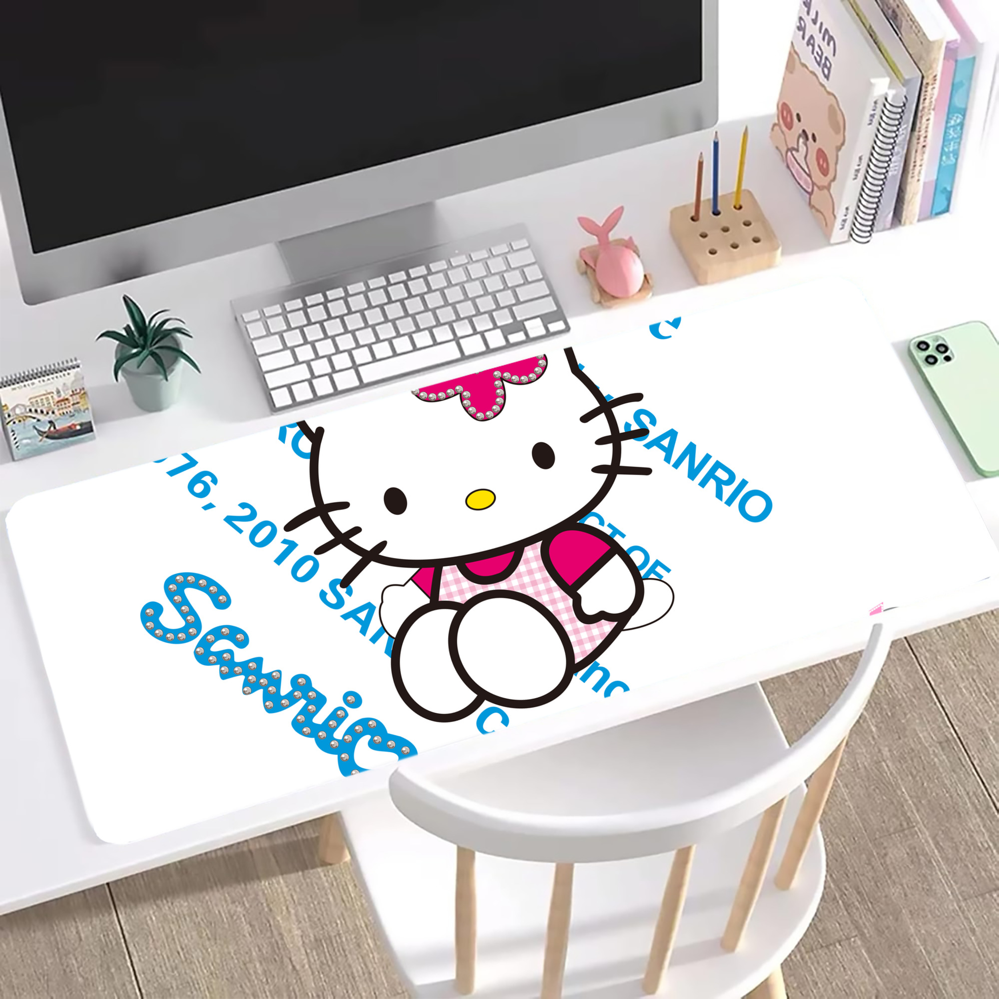 （画像用） Hello Kitty ハローキティ ステッチ加工 大判デスクマット／滑り止めマウスパッド