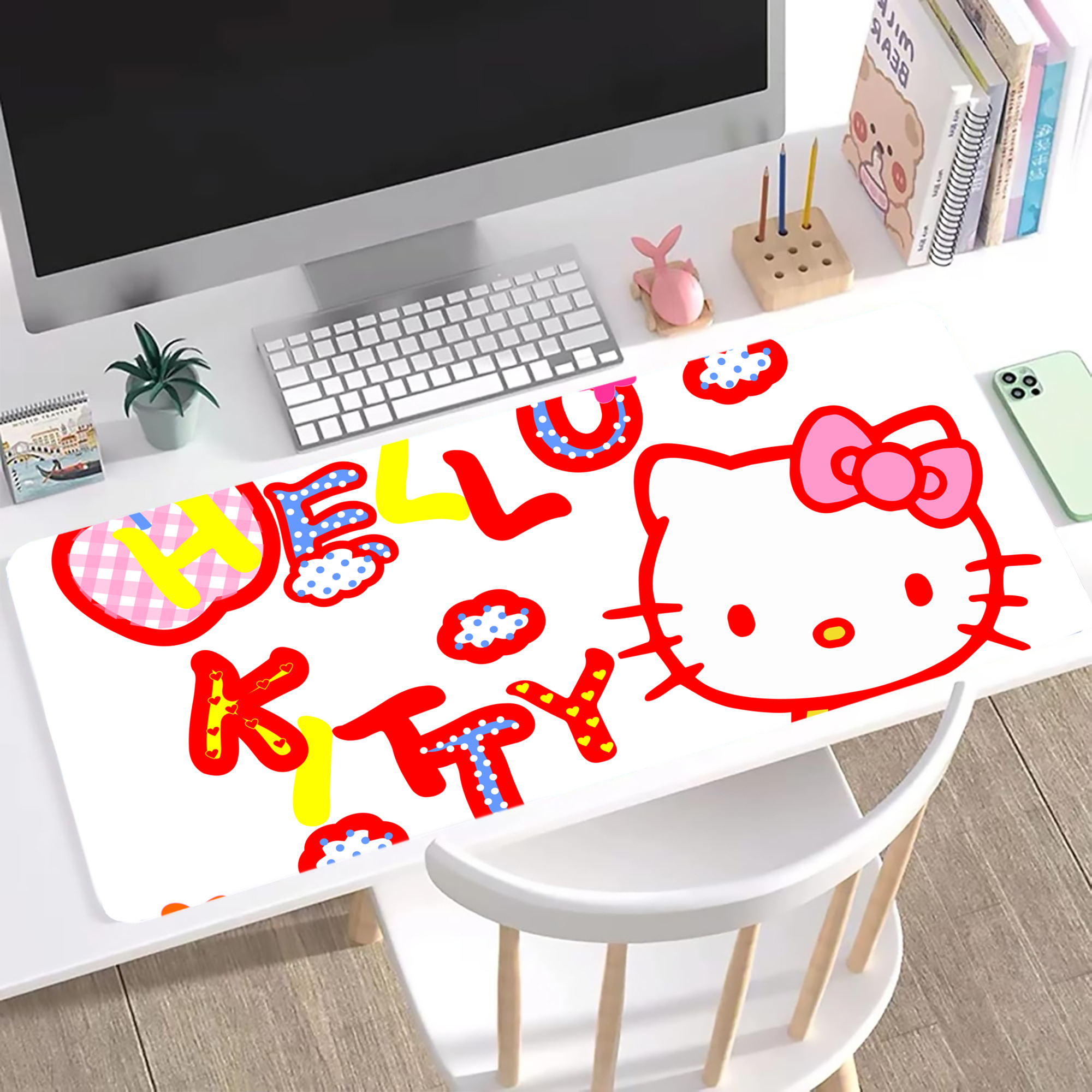 （画像用） Hello Kitty ハローキティ ステッチ加工 大判デスクマット／滑り止めマウスパッド