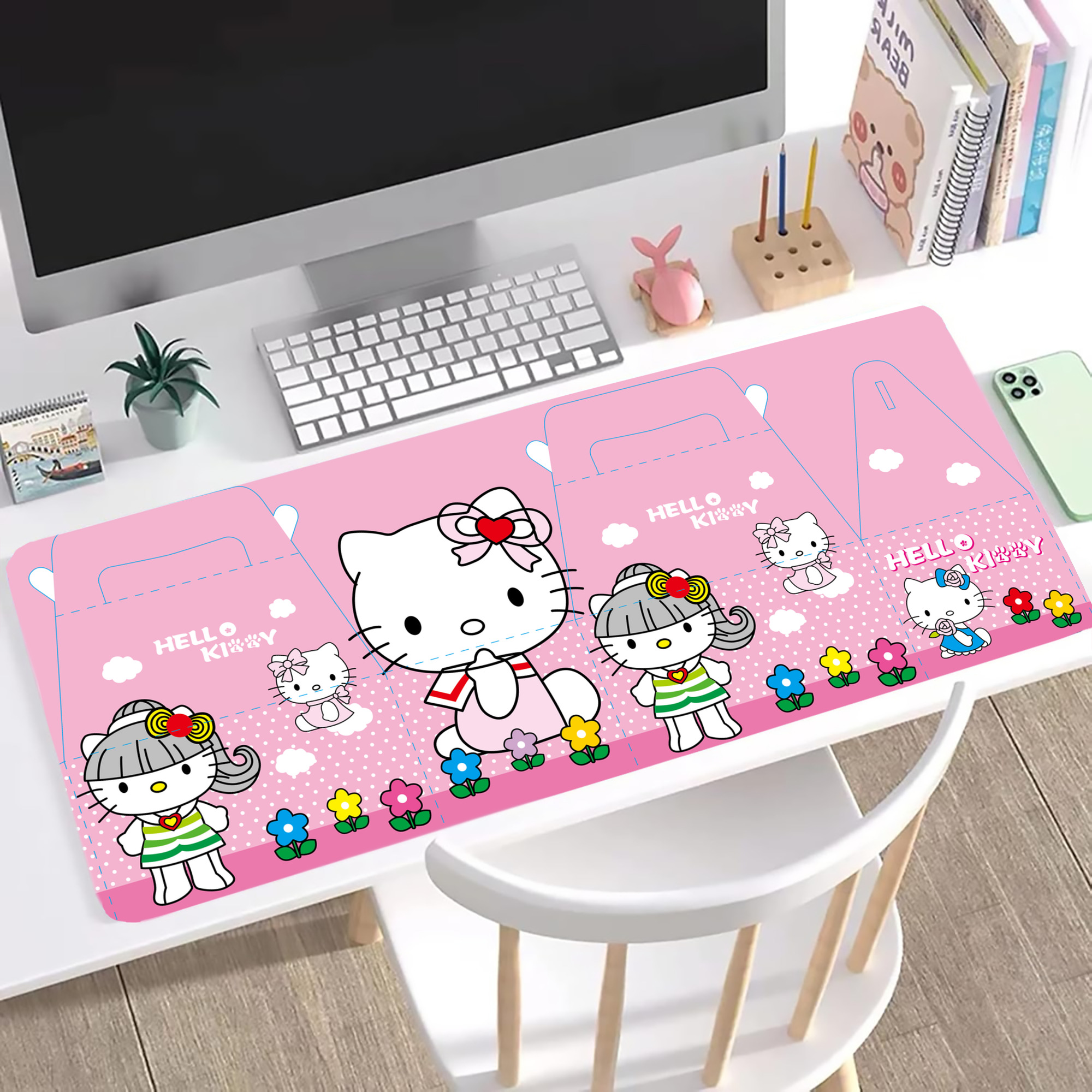 （画像用） Hello Kitty ハローキティ ステッチ加工 大判デスクマット／滑り止めマウスパッド