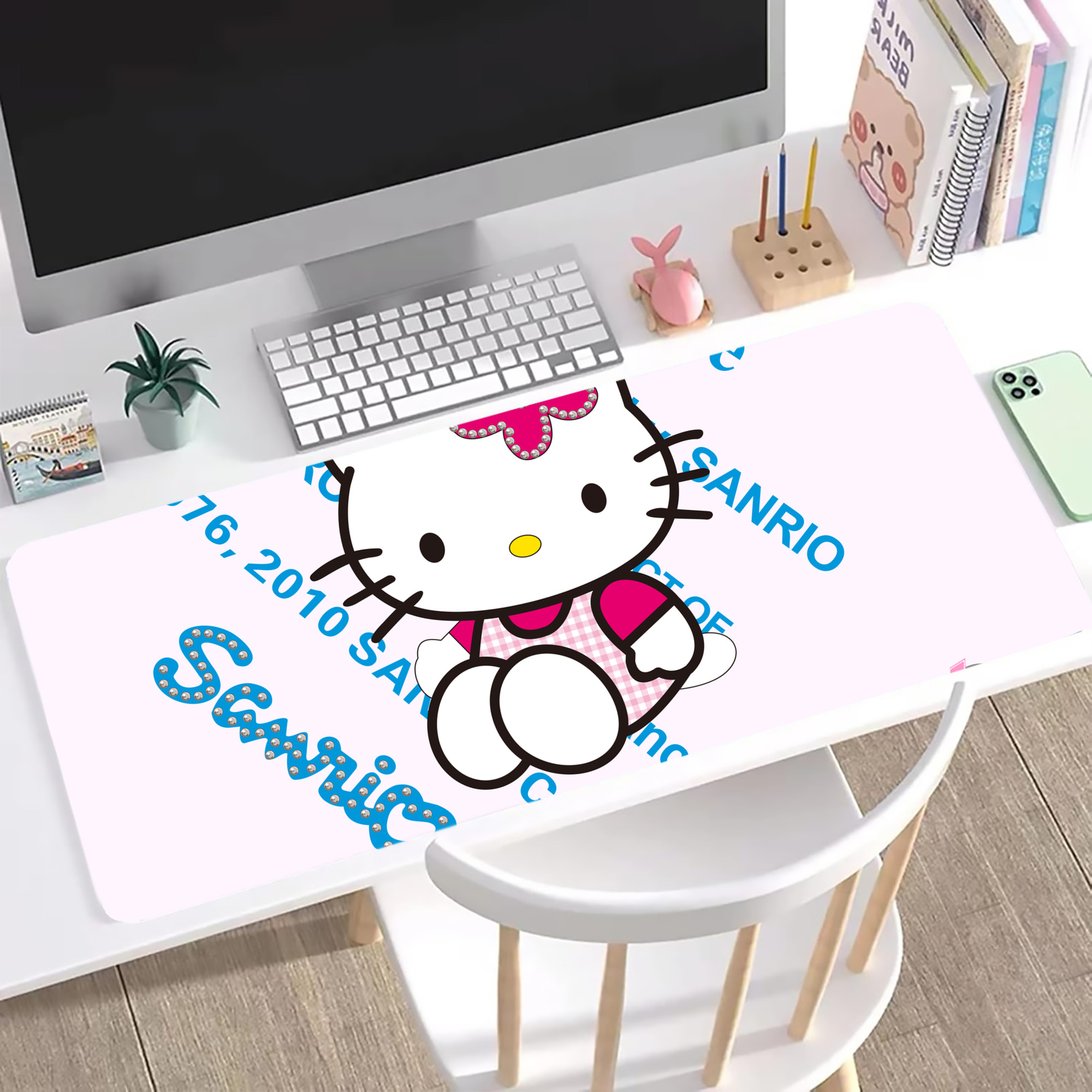 （画像用） Hello Kitty ハローキティ ステッチ加工 大判デスクマット／滑り止めマウスパッド