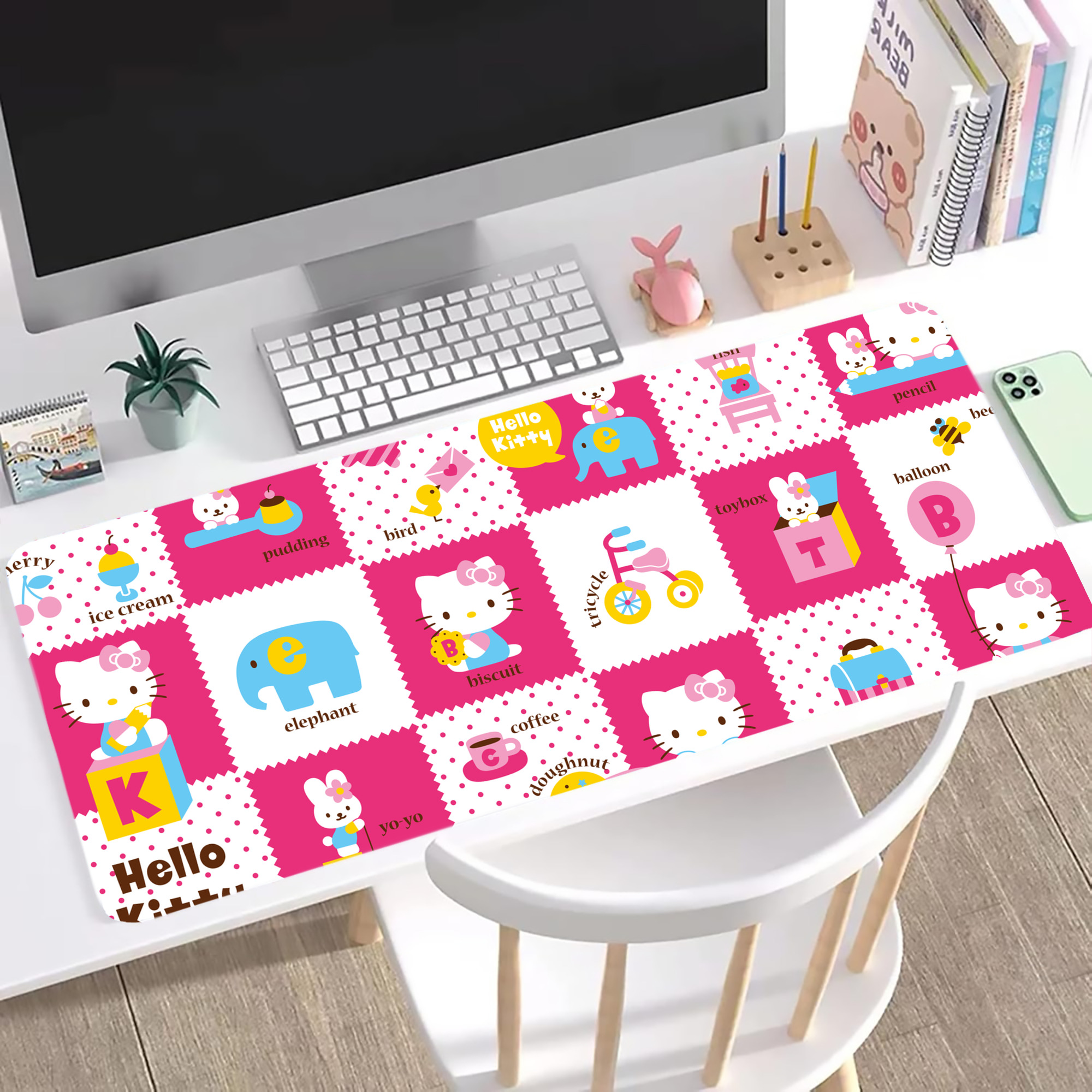 （画像用） Hello Kitty ハローキティ ステッチ加工 大判デスクマット／滑り止めマウスパッド