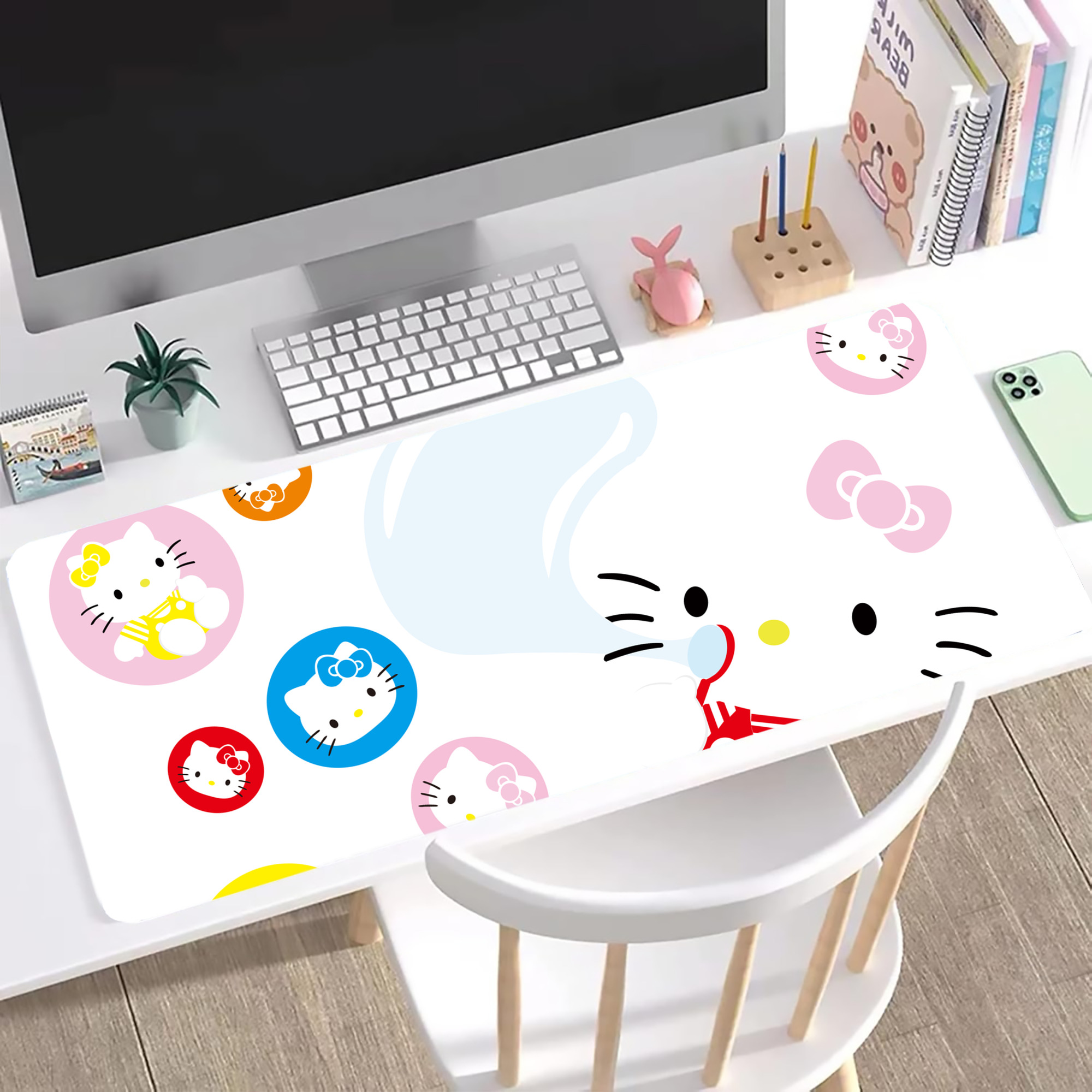 （画像用） Hello Kitty ハローキティ ステッチ加工 大判デスクマット／滑り止めマウスパッド