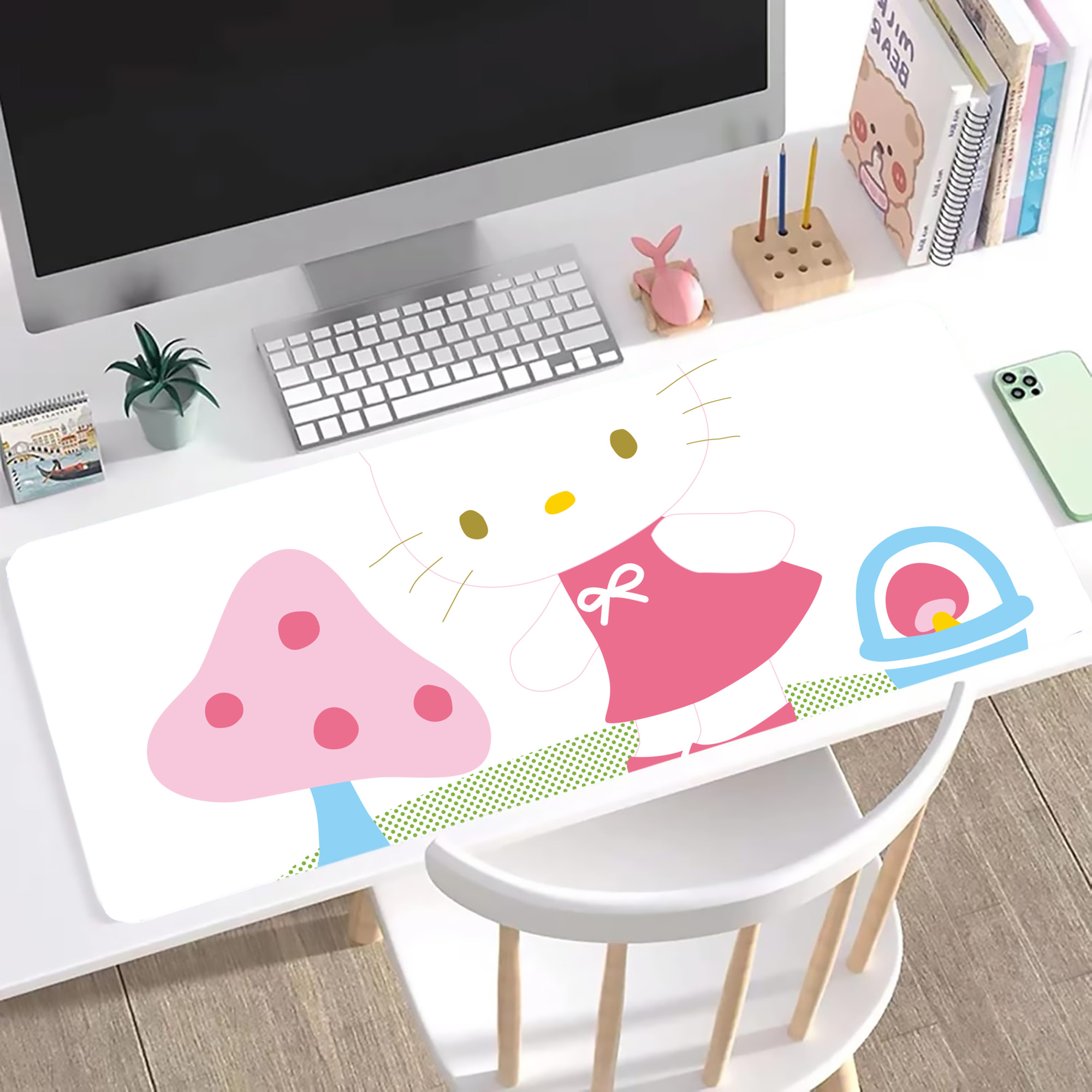 （画像用） Hello Kitty ハローキティ ステッチ加工 大判デスクマット／滑り止めマウスパッド