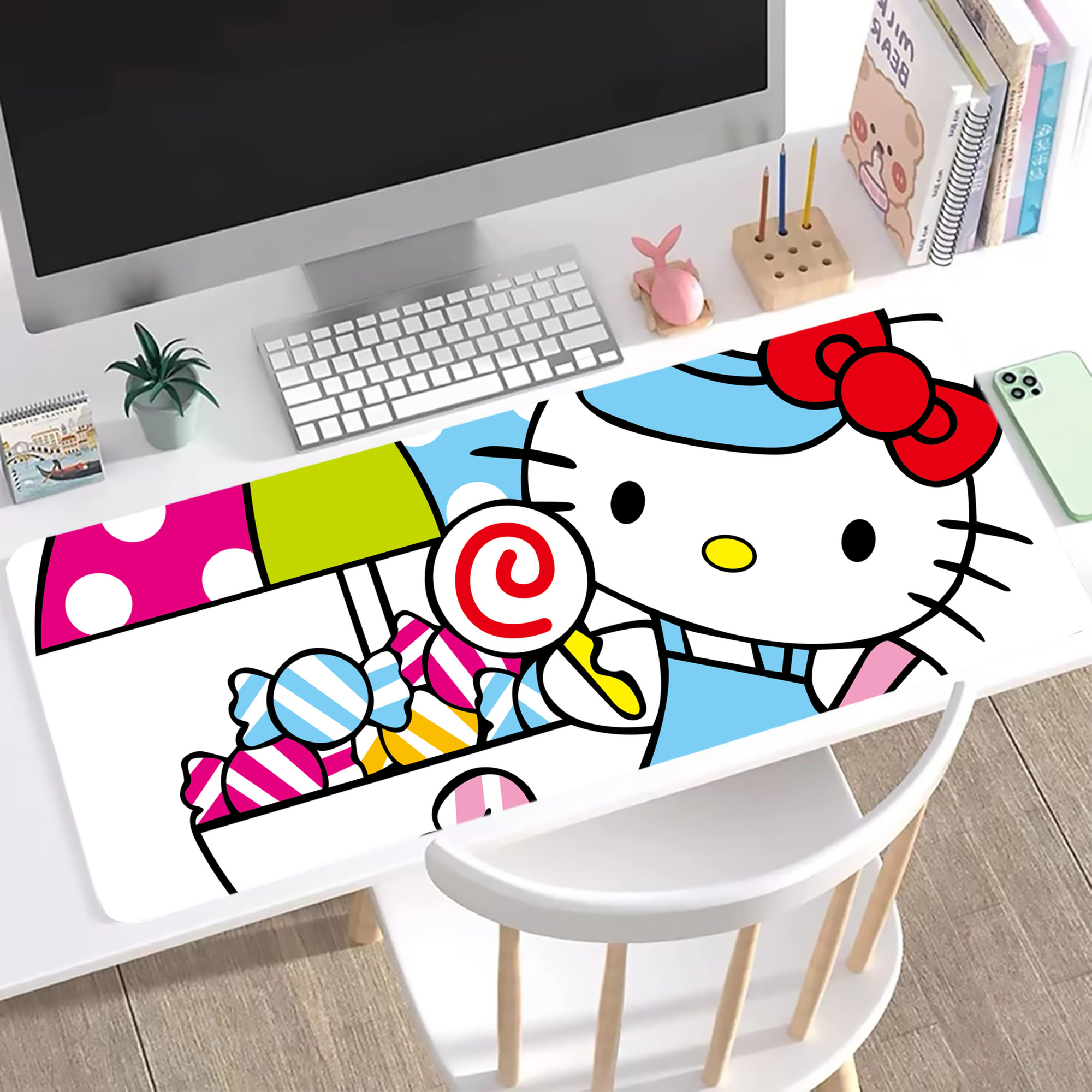 （画像用） Hello Kitty ハローキティ ステッチ加工 大判デスクマット／滑り止めマウスパッド