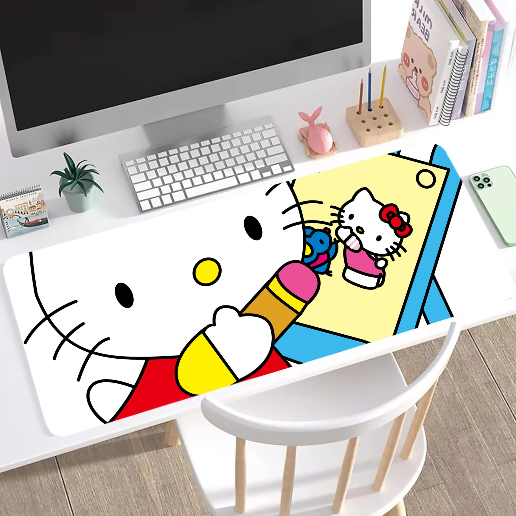 （画像用） Hello Kitty ハローキティ ステッチ加工 大判デスクマット／滑り止めマウスパッド