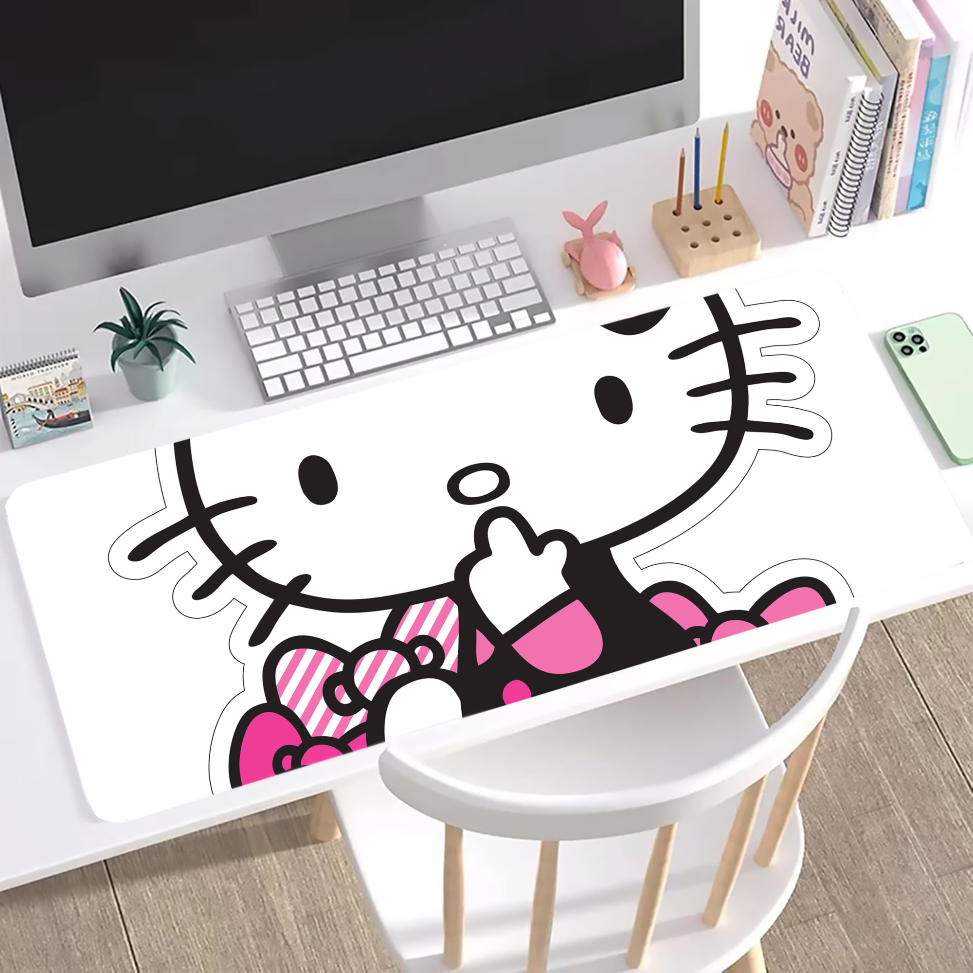 （画像用） Hello Kitty ハローキティ ステッチ加工 大判デスクマット／滑り止めマウスパッド