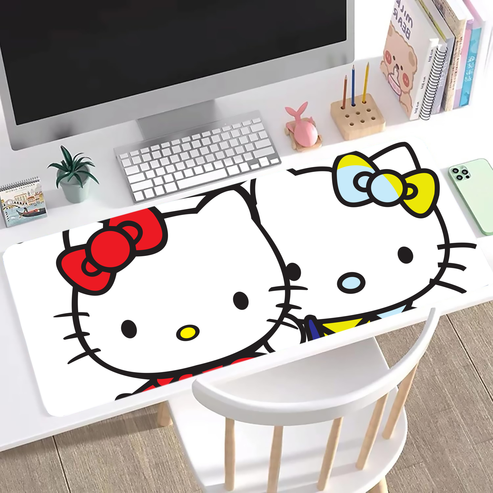 （画像用） Hello Kitty ハローキティ ステッチ加工 大判デスクマット／滑り止めマウスパッド