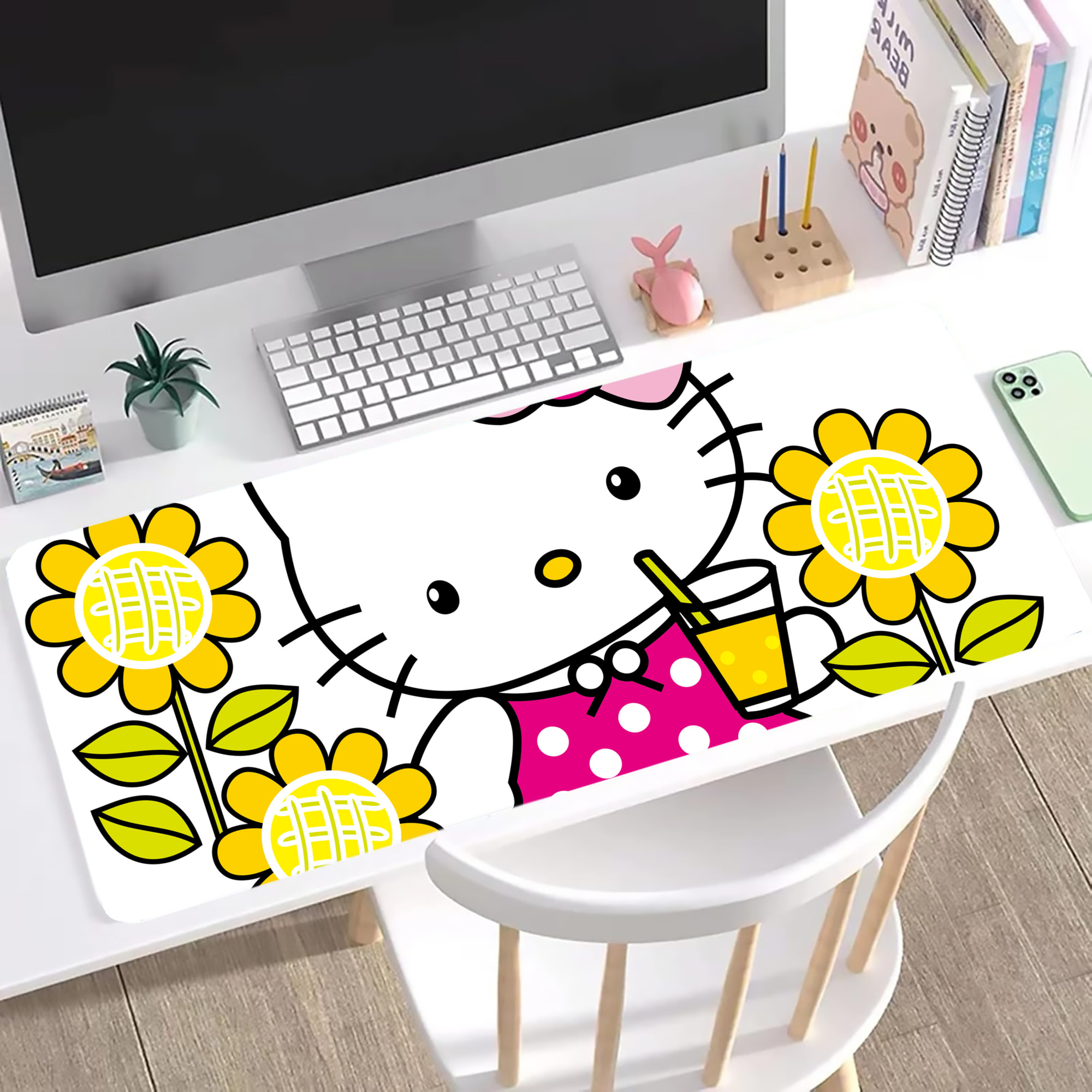 （画像用） Hello Kitty ハローキティ ステッチ加工 大判デスクマット／滑り止めマウスパッド