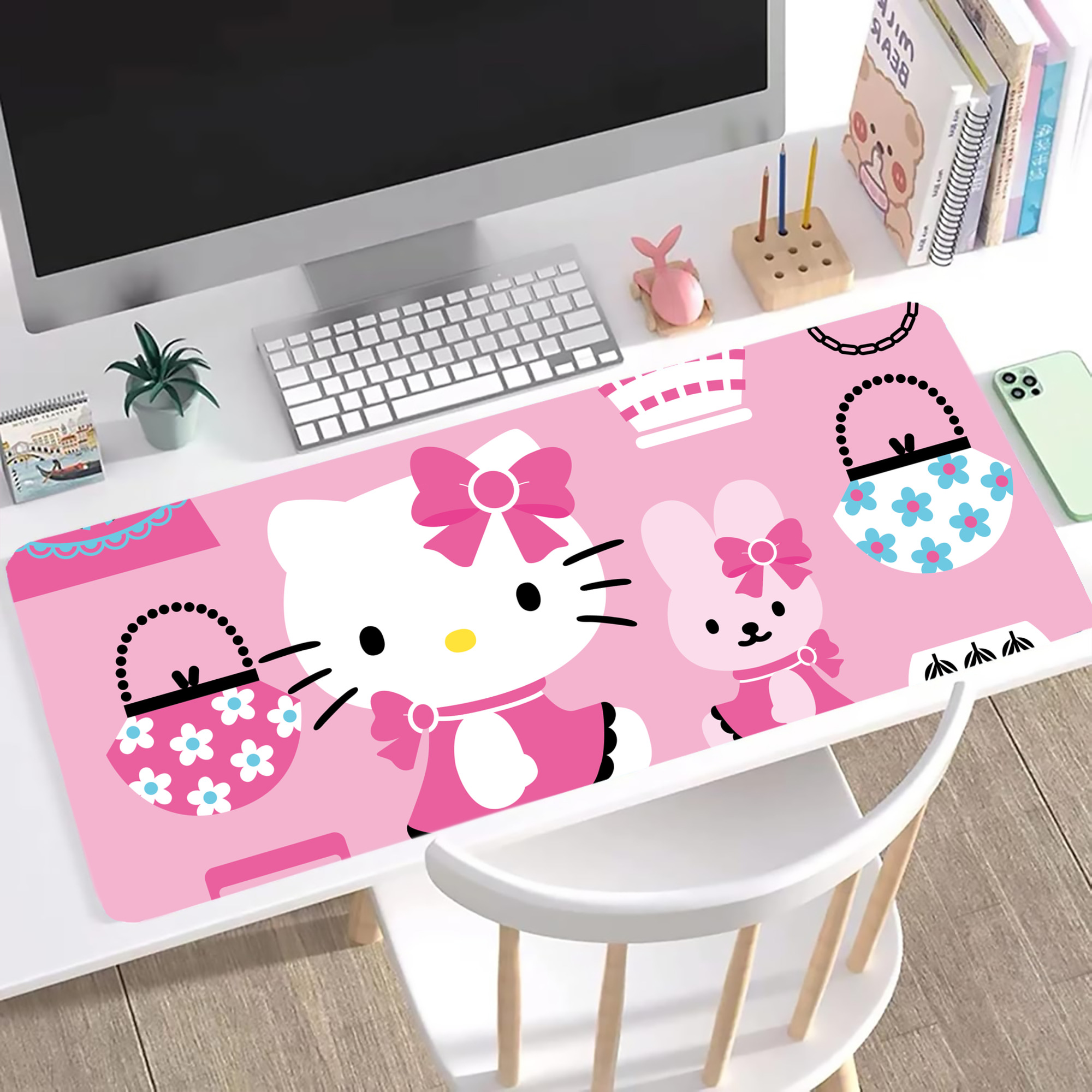 （画像用） Hello Kitty ハローキティ ステッチ加工 大判デスクマット／滑り止めマウスパッド