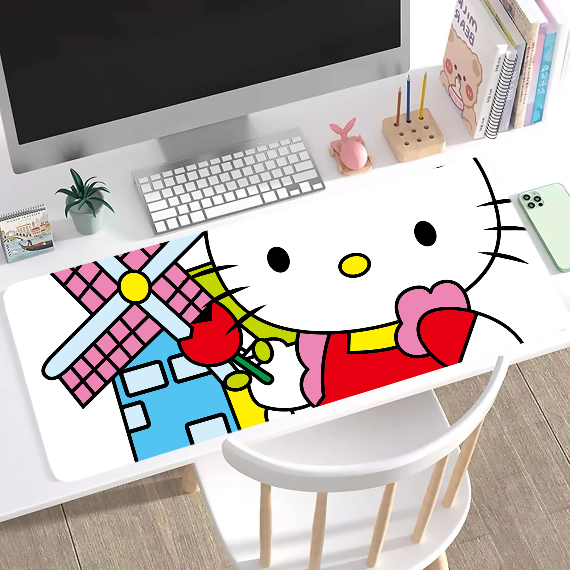 （画像用） Hello Kitty ハローキティ ステッチ加工 大判デスクマット／滑り止めマウスパッド