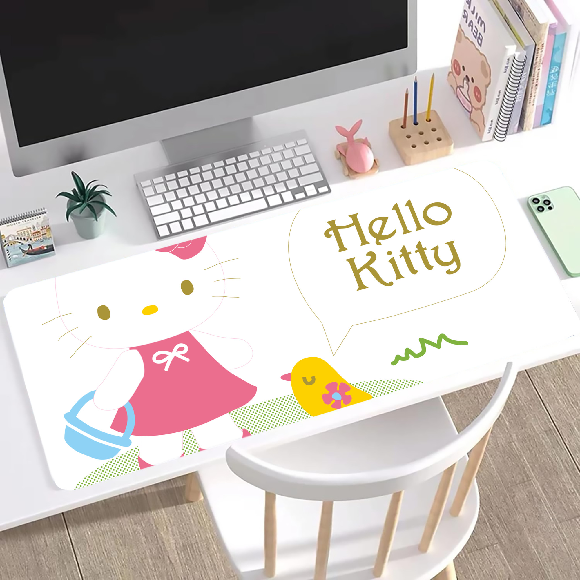 （画像用） Hello Kitty ハローキティ ステッチ加工 大判デスクマット／滑り止めマウスパッド