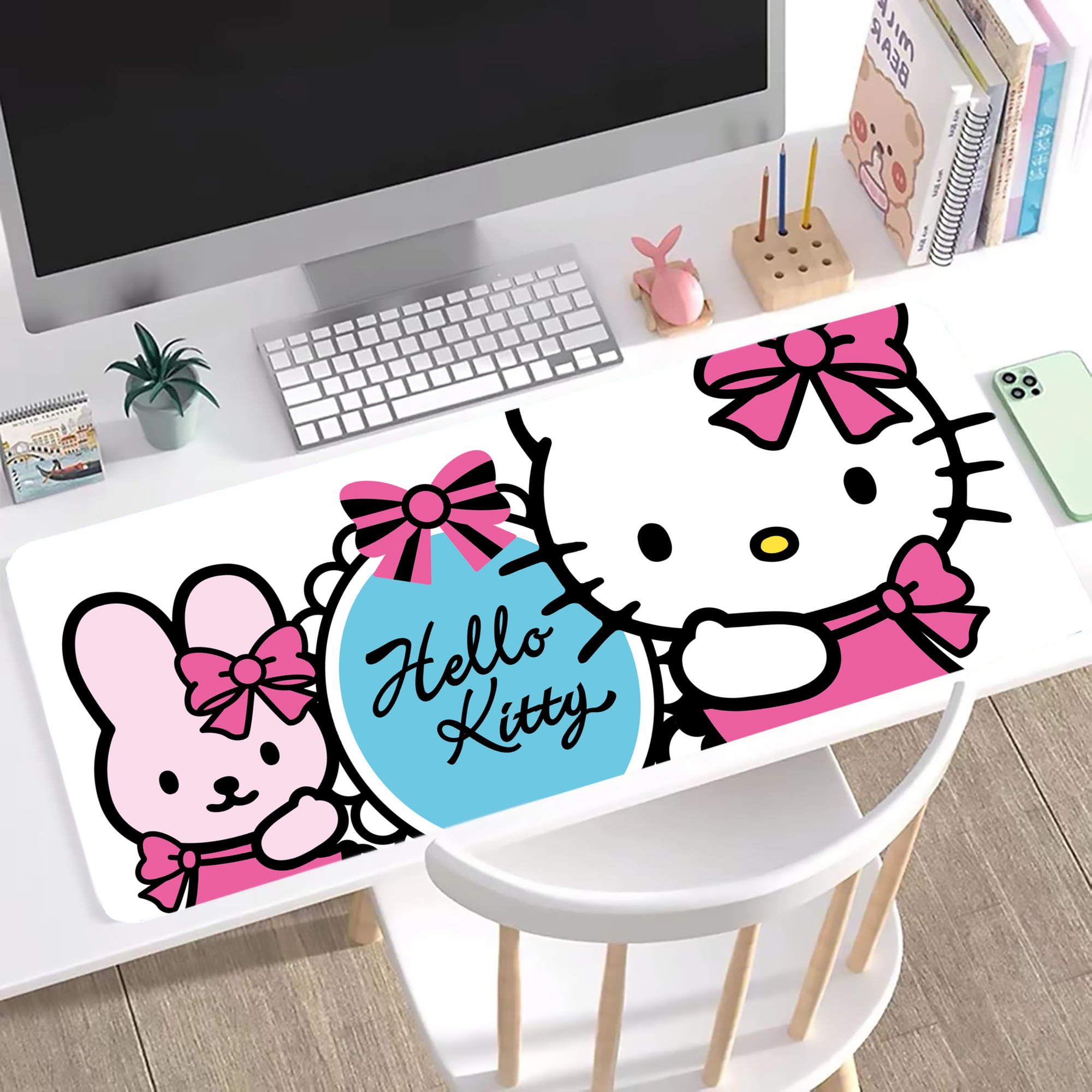 （画像用） Hello Kitty ハローキティ ステッチ加工 大判デスクマット／滑り止めマウスパッド