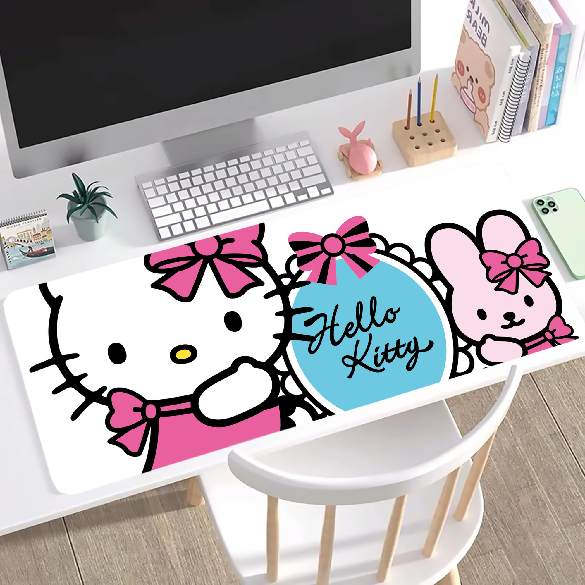 （画像用） Hello Kitty ハローキティ ステッチ加工 大判デスクマット／滑り止めマウスパッド