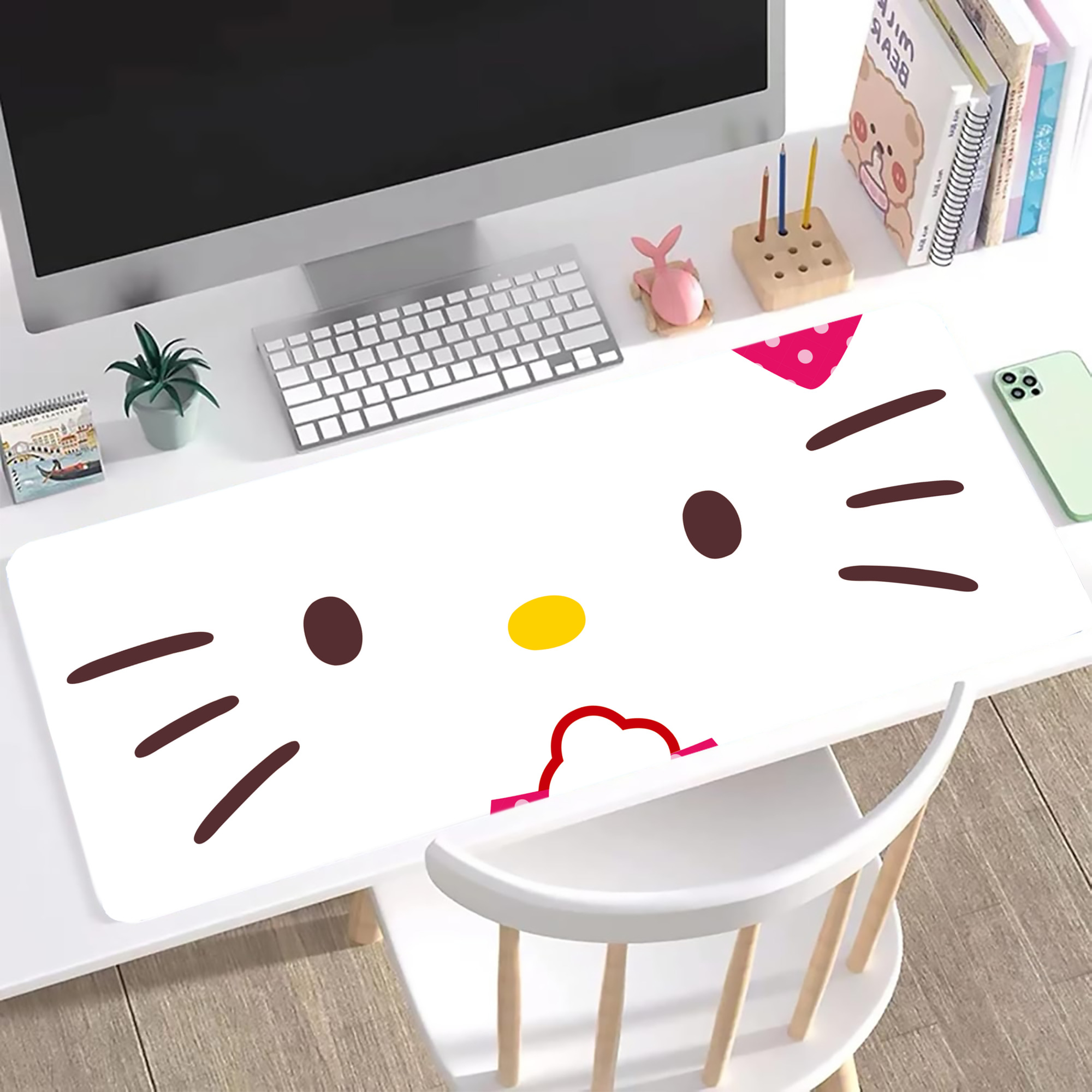 （画像用） Hello Kitty ハローキティ ステッチ加工 大判デスクマット／滑り止めマウスパッド