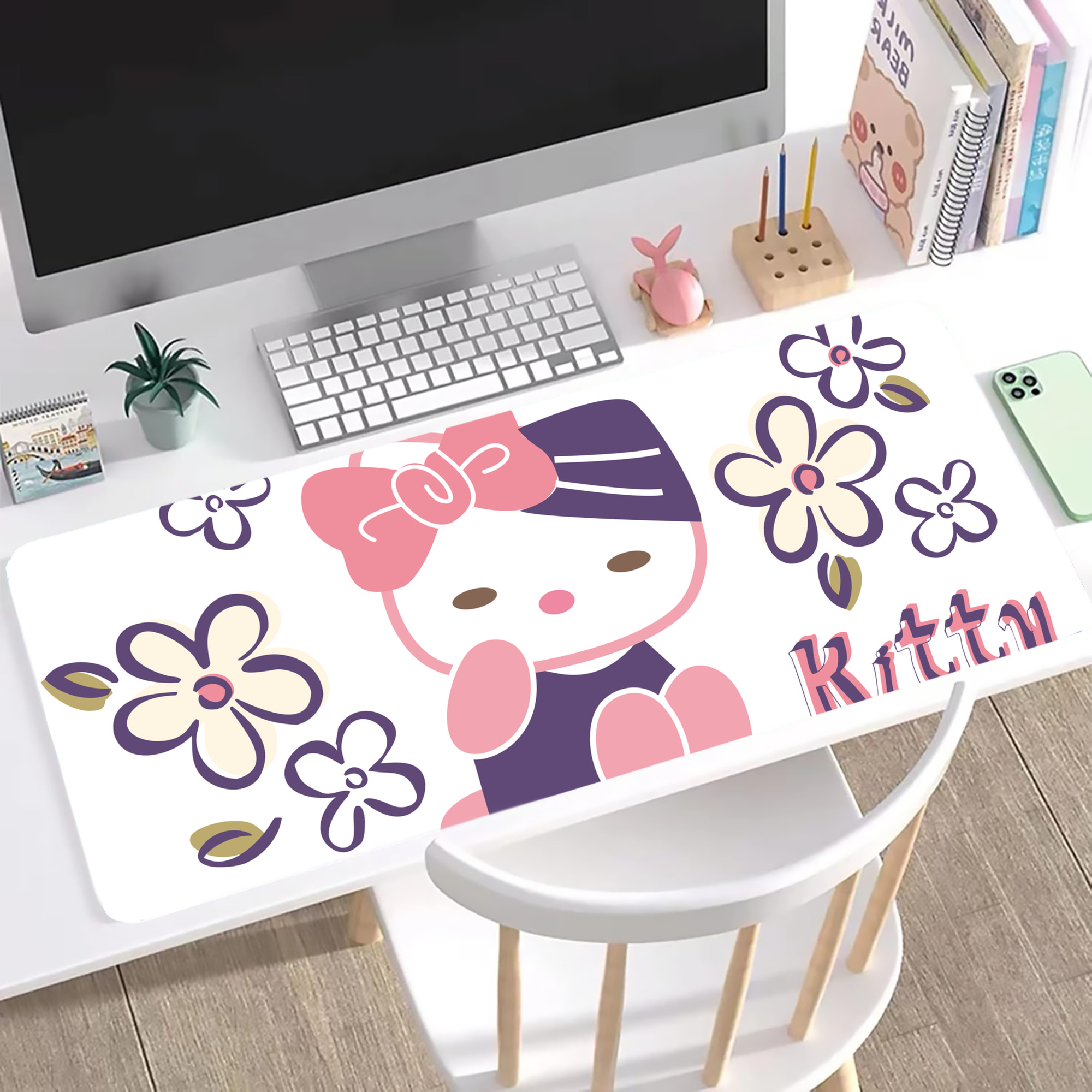 （画像用） Hello Kitty ハローキティ ステッチ加工 大判デスクマット／滑り止めマウスパッド