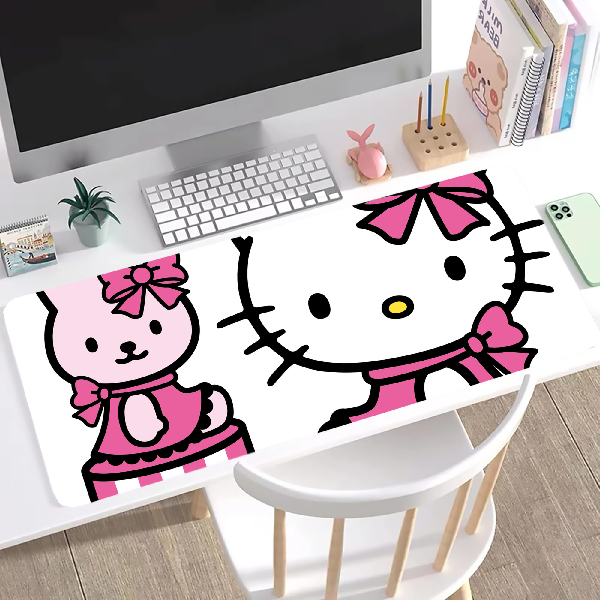 （画像用） Hello Kitty ハローキティ ステッチ加工 大判デスクマット／滑り止めマウスパッド