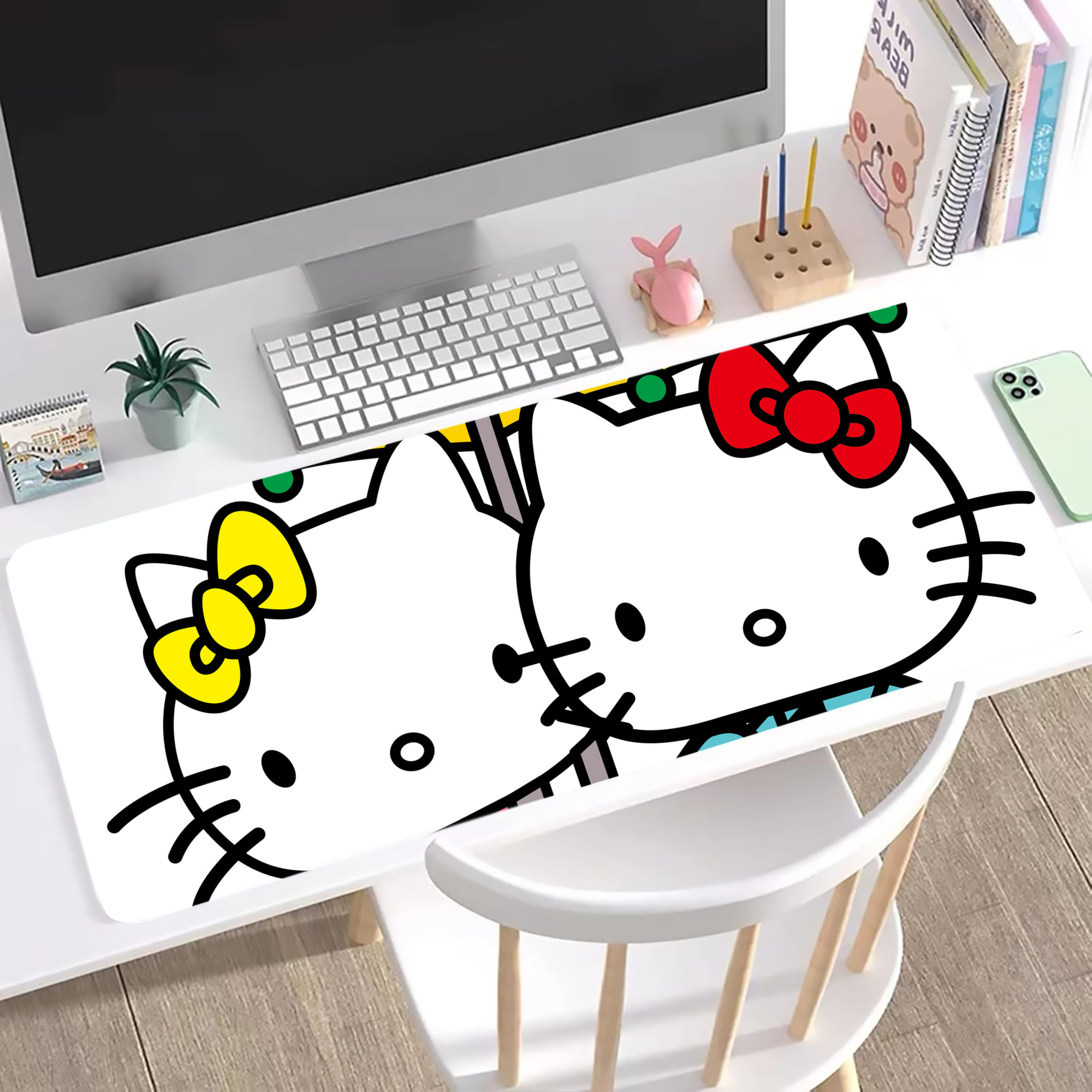 （画像用） Hello Kitty ハローキティ ステッチ加工 大判デスクマット／滑り止めマウスパッド