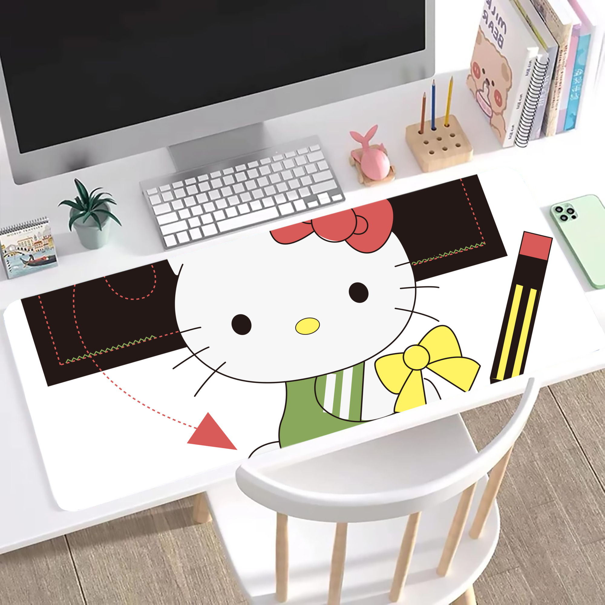 （画像用） Hello Kitty ハローキティ ステッチ加工 大判デスクマット／滑り止めマウスパッド