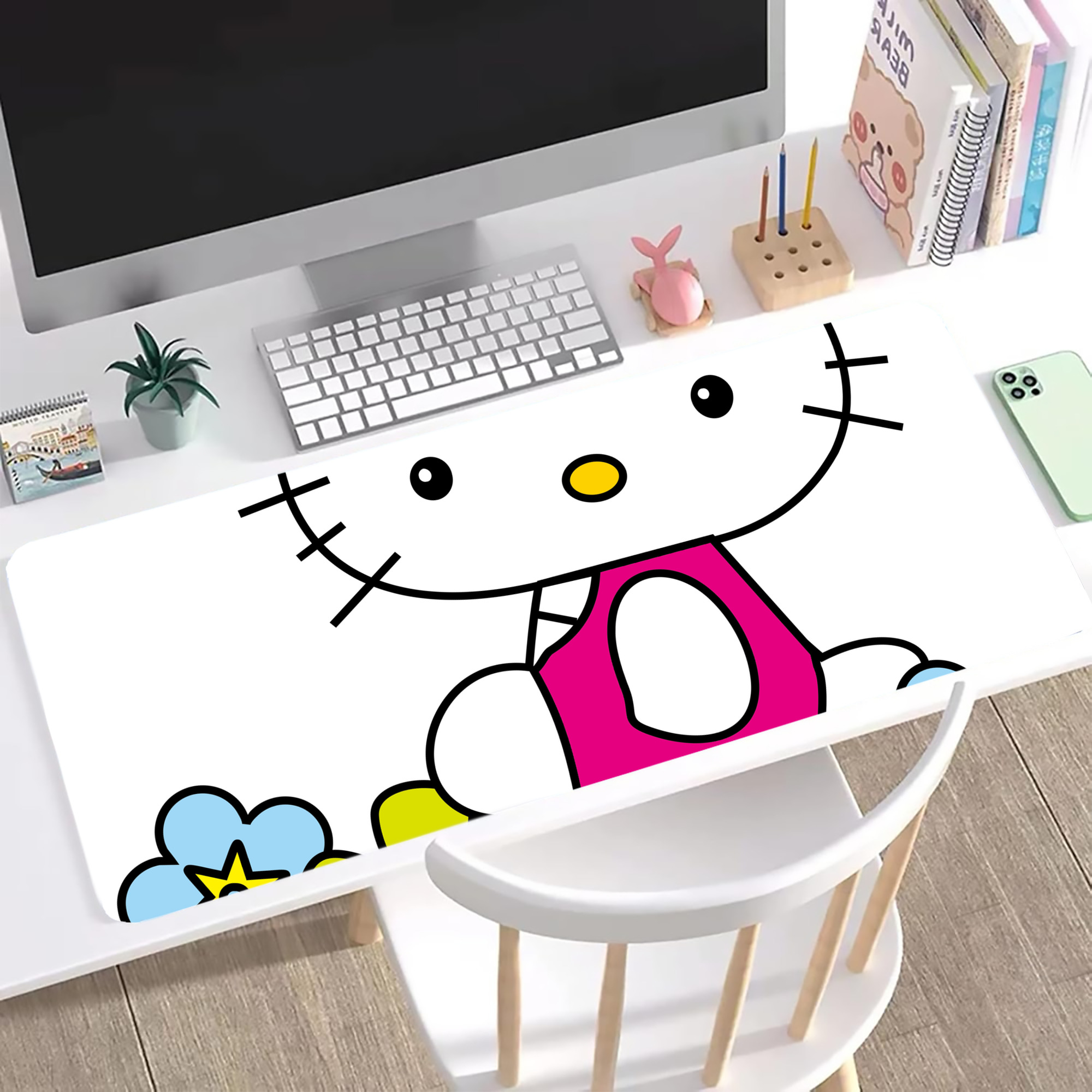 （画像用） Hello Kitty ハローキティ ステッチ加工 大判デスクマット／滑り止めマウスパッド