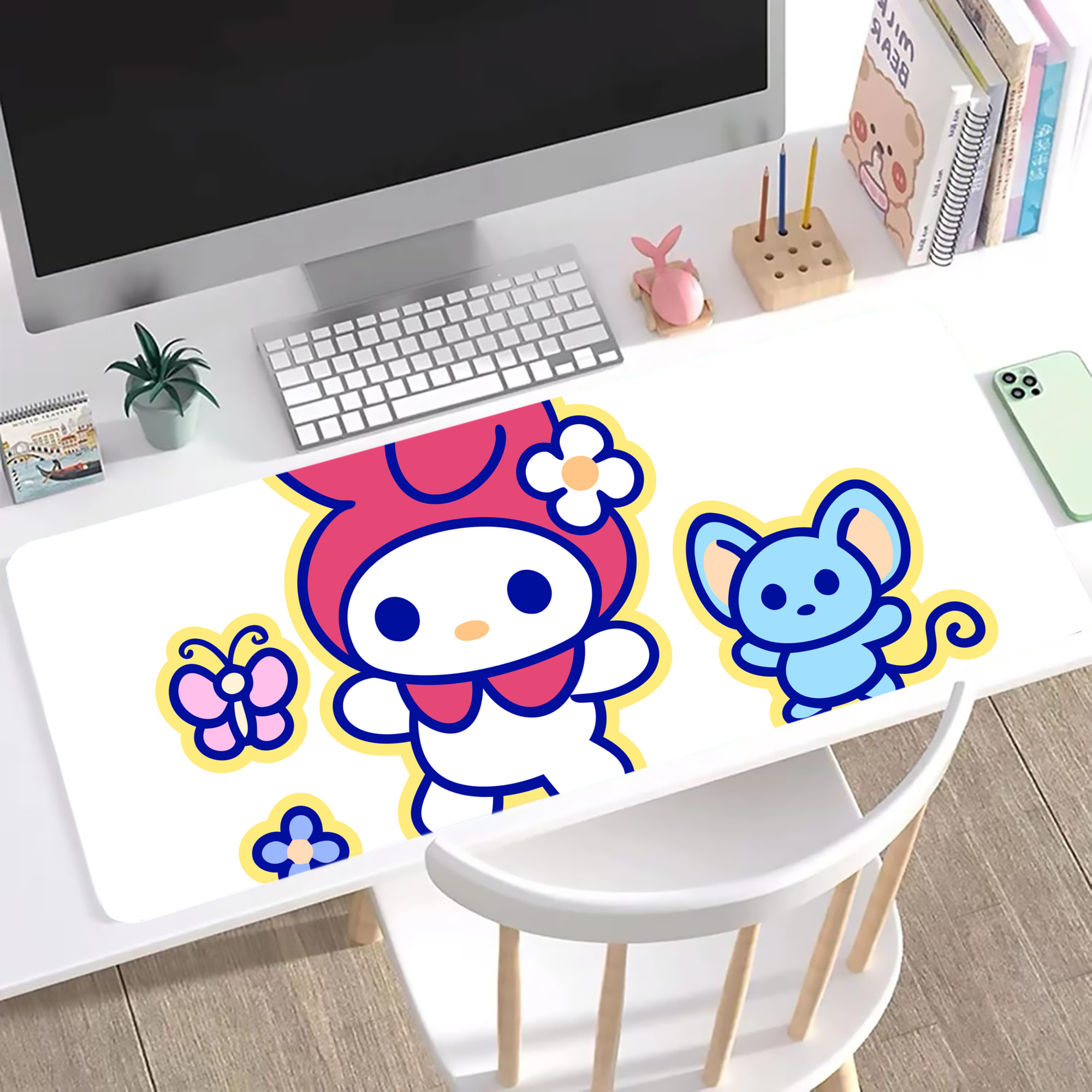 （画像用） Hello Kitty ハローキティ ステッチ加工 大判デスクマット／滑り止めマウスパッド