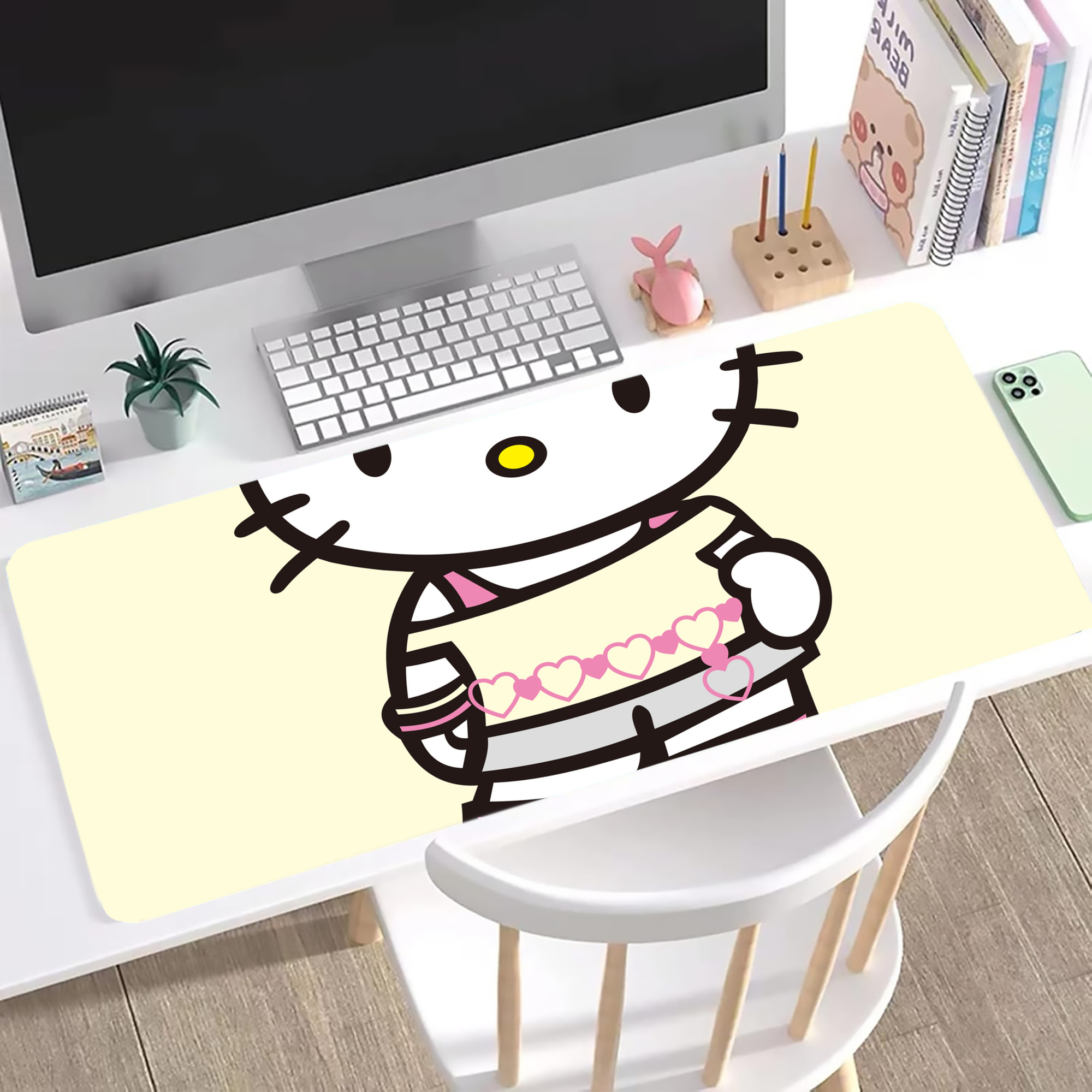 （画像用） Hello Kitty ハローキティ ステッチ加工 大判デスクマット／滑り止めマウスパッド