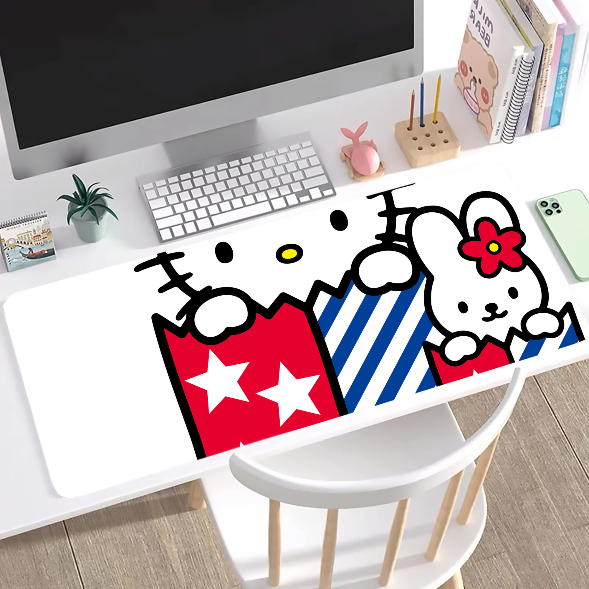 （画像用） Hello Kitty ハローキティ ステッチ加工 大判デスクマット／滑り止めマウスパッド