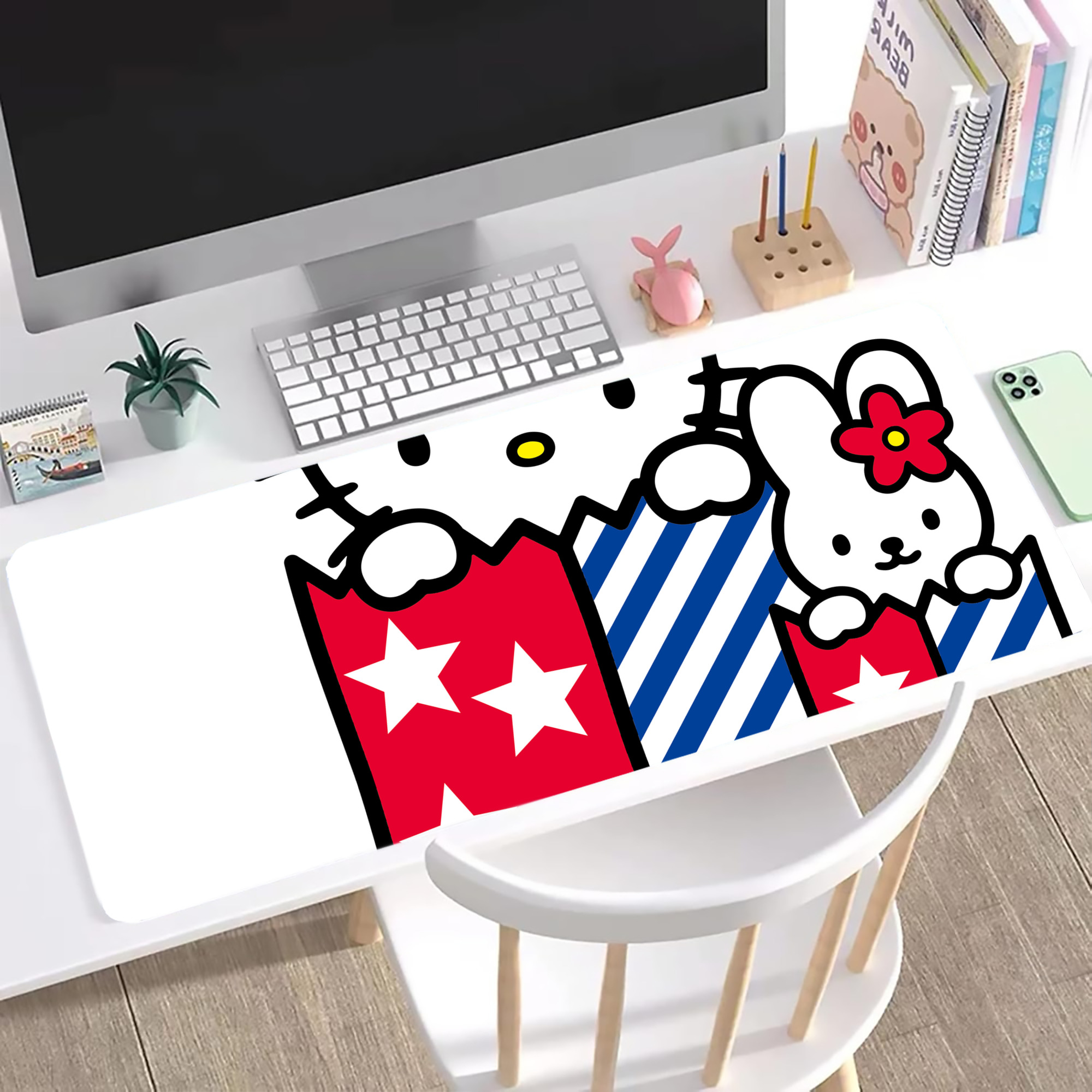 （画像用） Hello Kitty ハローキティ ステッチ加工 大判デスクマット／滑り止めマウスパッド