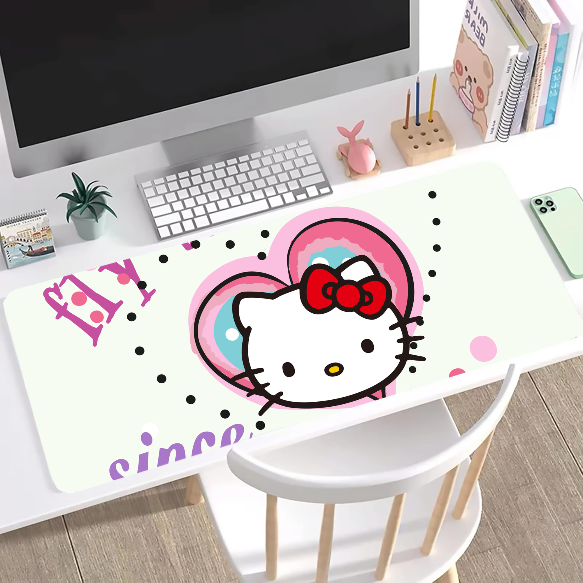 （画像用） Hello Kitty ハローキティ ステッチ加工 大判デスクマット／滑り止めマウスパッド