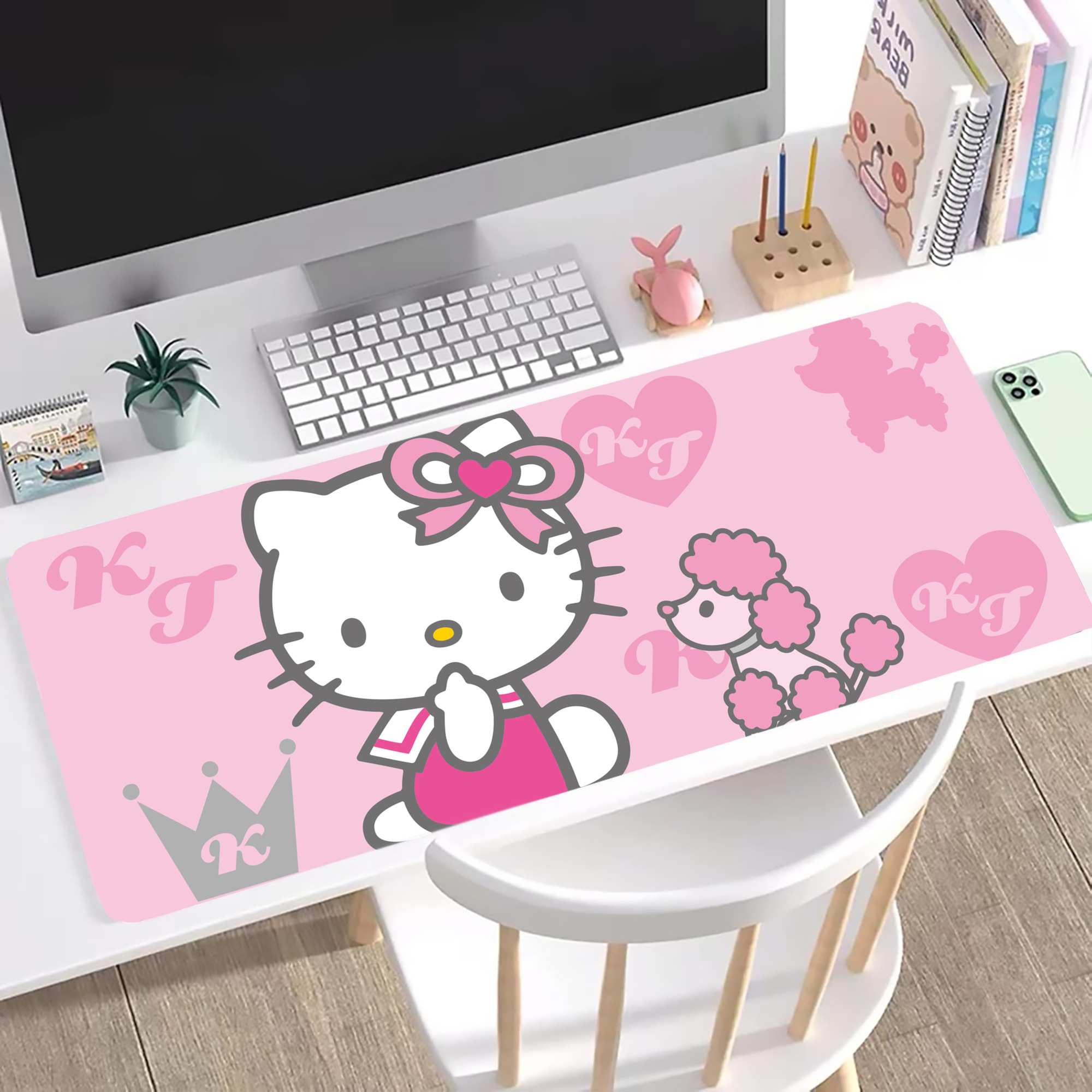 （画像用） Hello Kitty ハローキティ ステッチ加工 大判デスクマット／滑り止めマウスパッド