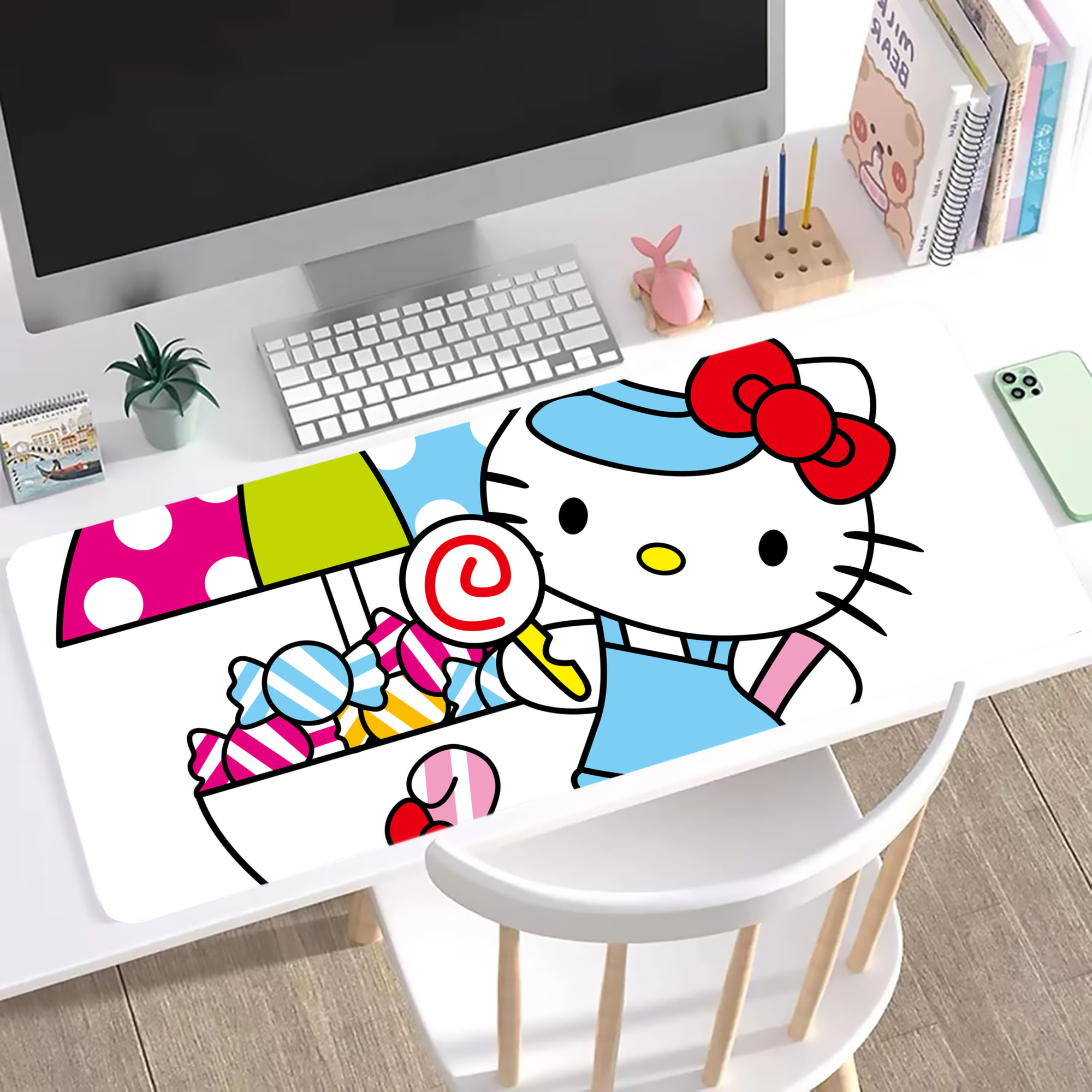 （画像用） Hello Kitty ハローキティ ステッチ加工 大判デスクマット／滑り止めマウスパッド