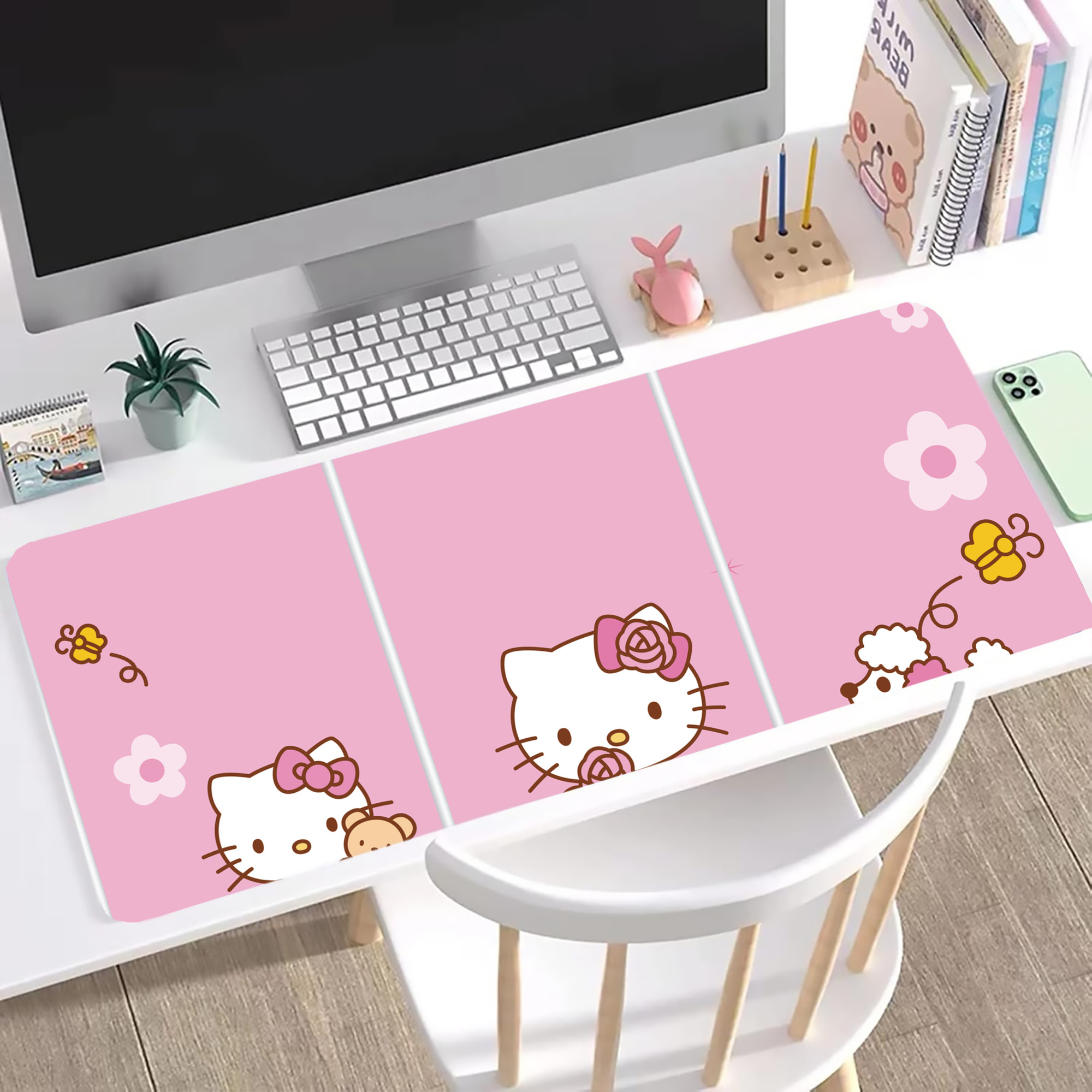 （画像用） Hello Kitty ハローキティ ステッチ加工 大判デスクマット／滑り止めマウスパッド