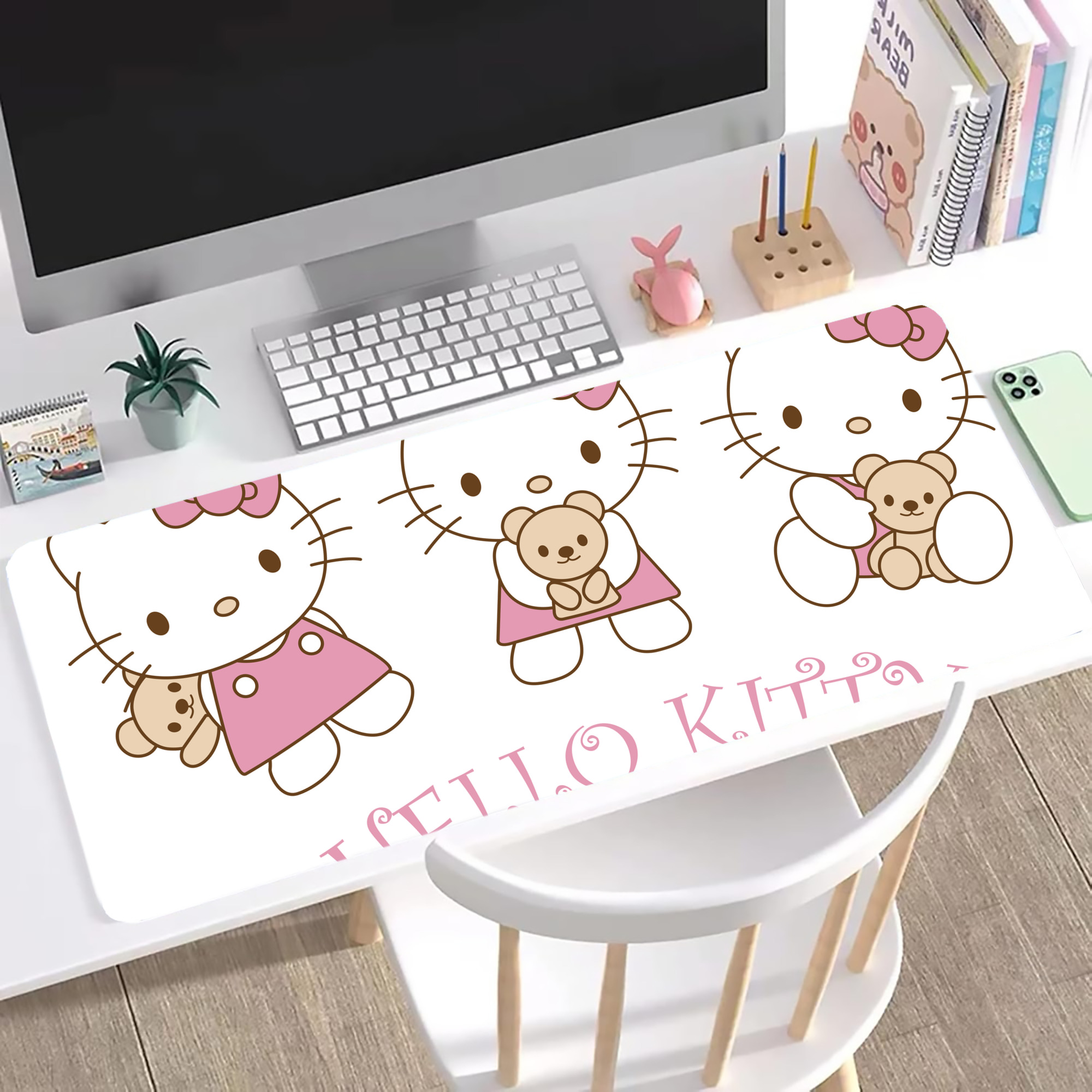 （画像用） Hello Kitty ハローキティ ステッチ加工 大判デスクマット／滑り止めマウスパッド
