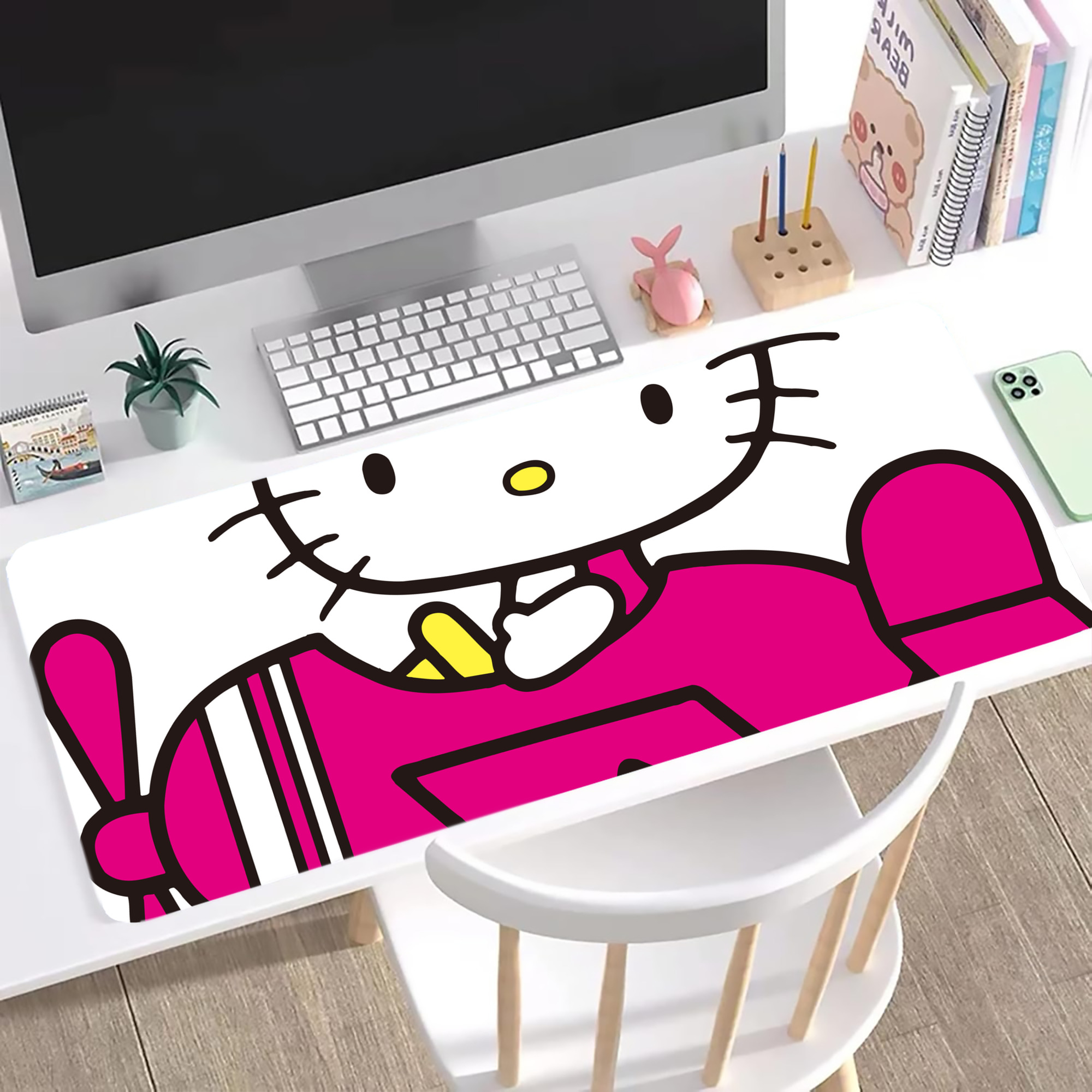 （画像用） Hello Kitty ハローキティ ステッチ加工 大判デスクマット／滑り止めマウスパッド