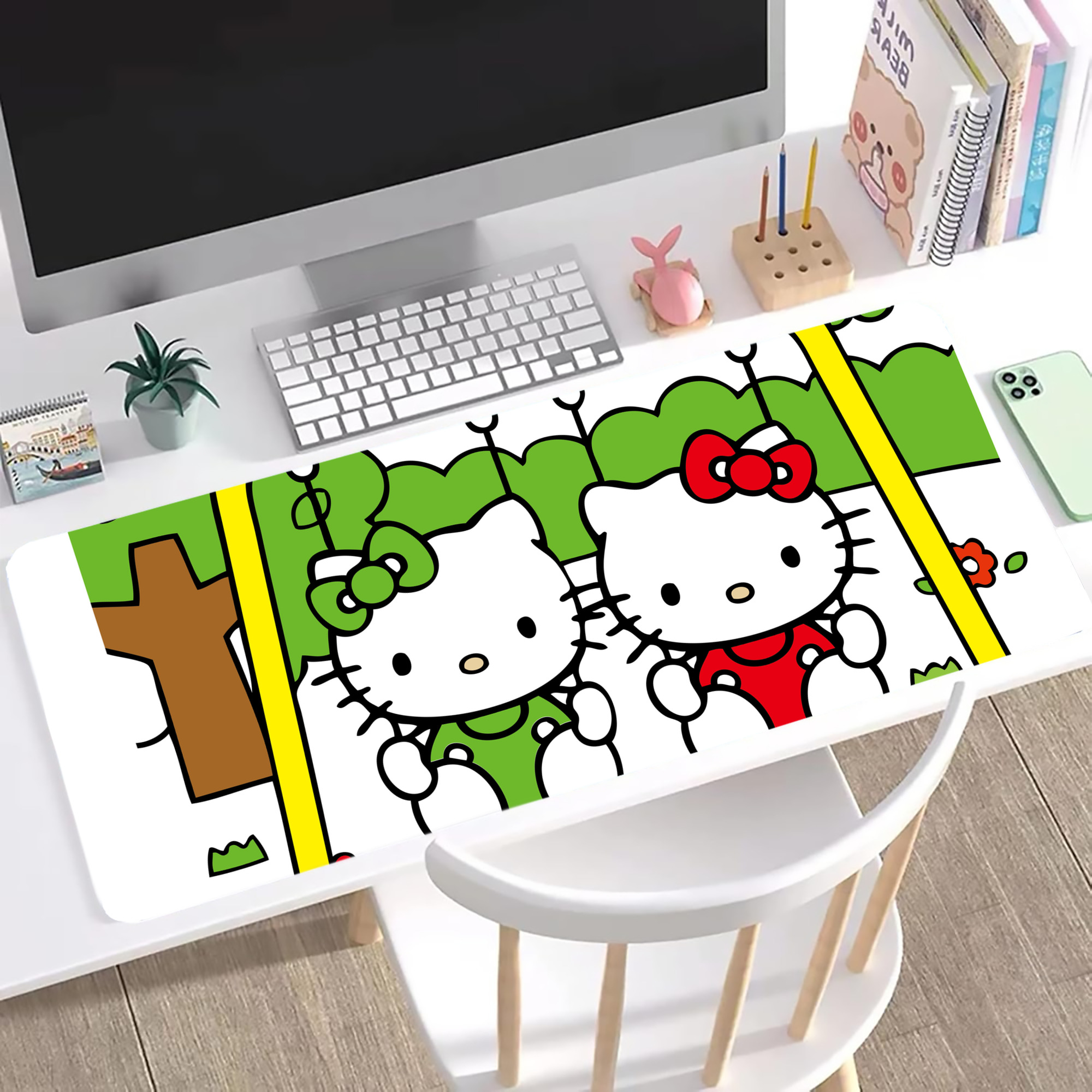 （画像用） Hello Kitty ハローキティ ステッチ加工 大判デスクマット／滑り止めマウスパッド