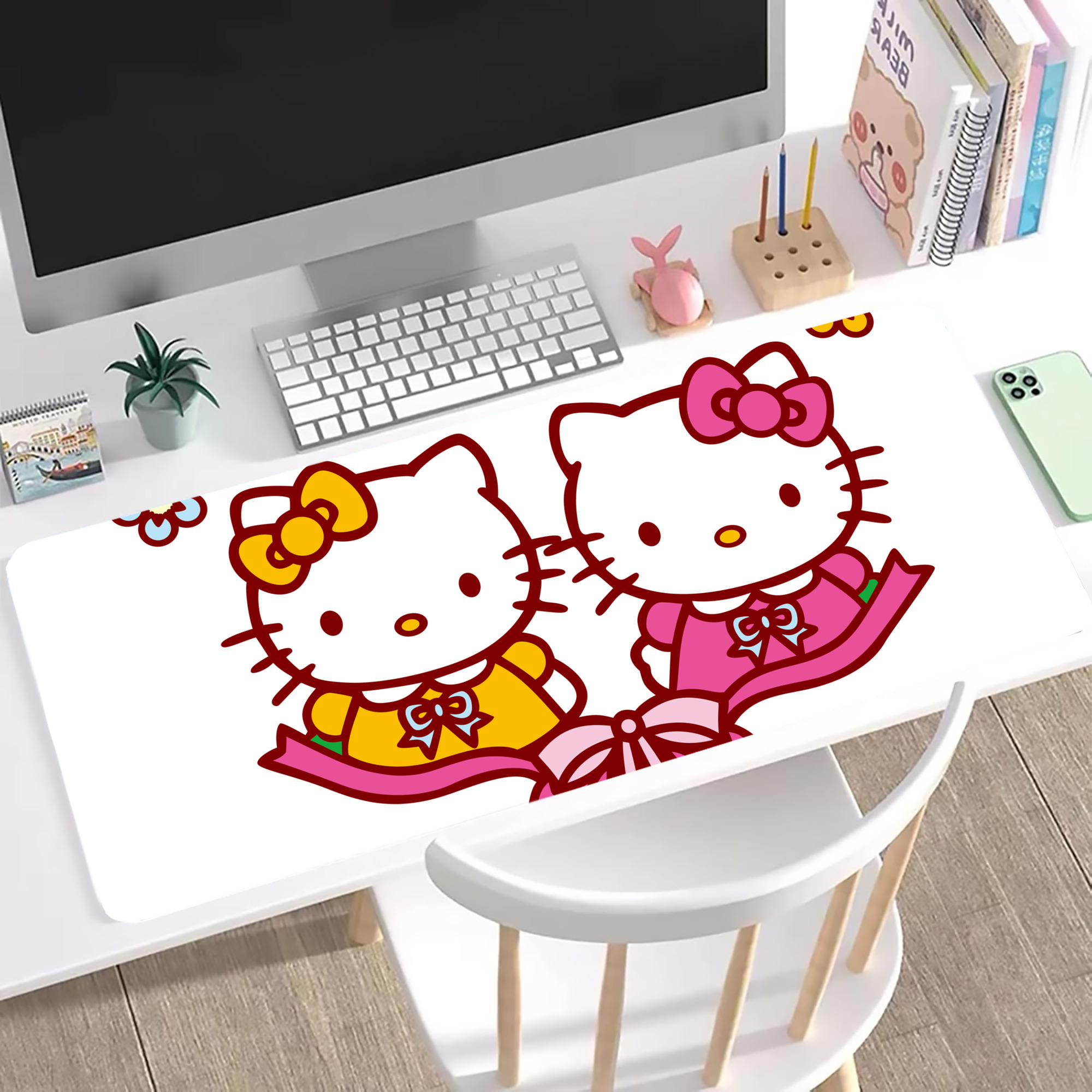 （画像用） Hello Kitty ハローキティ ステッチ加工 大判デスクマット／滑り止めマウスパッド