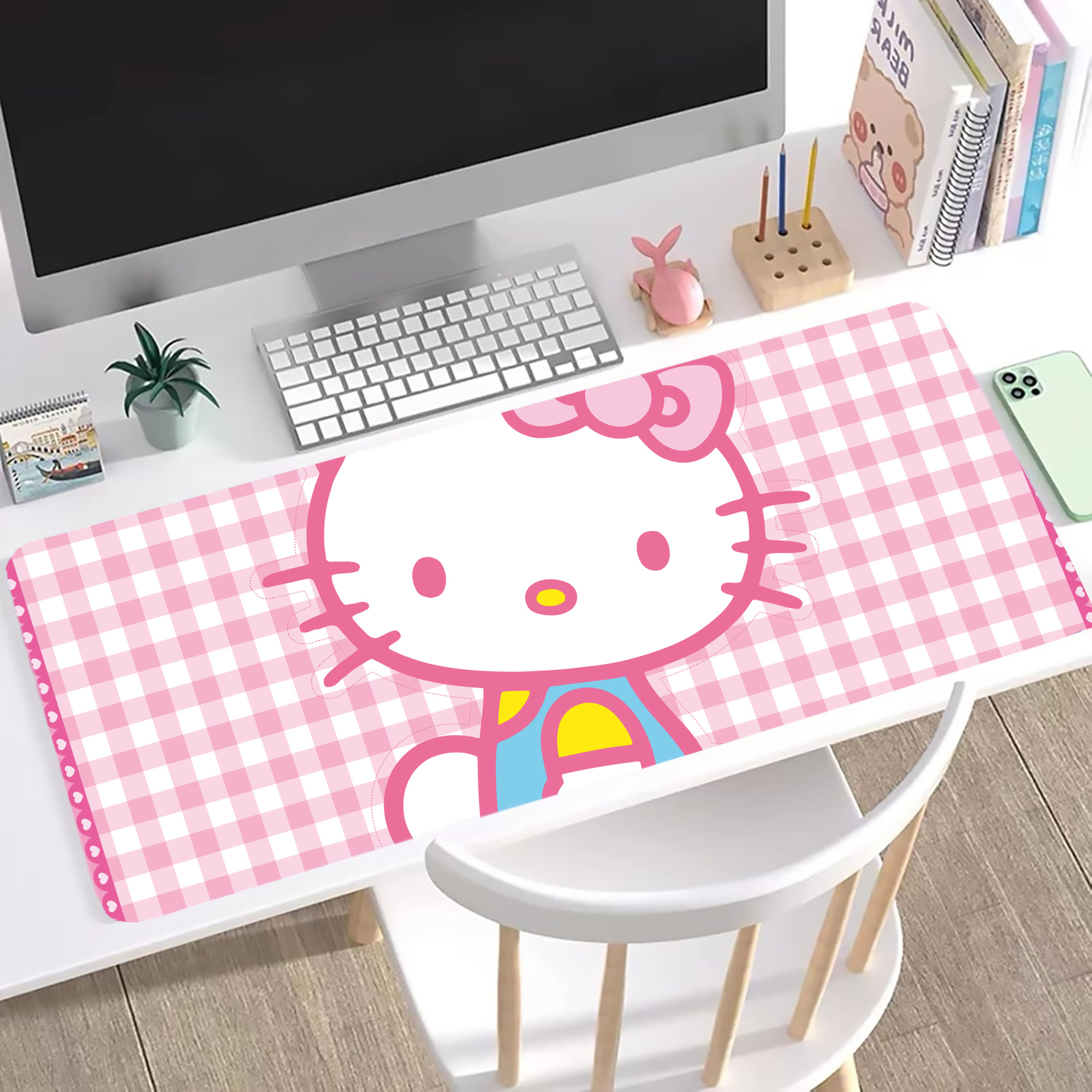（画像用） Hello Kitty ハローキティ ステッチ加工 大判デスクマット／滑り止めマウスパッド
